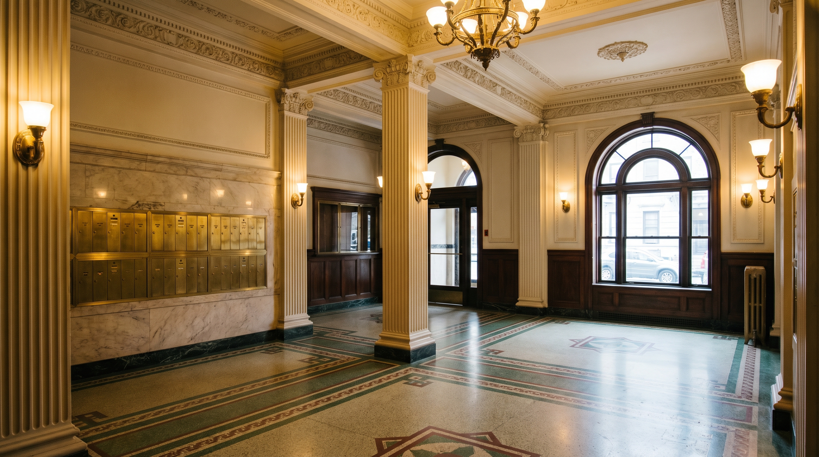 Interior of a 1920s prewar apartment building lobby in Crown Heights Brooklyn with original terrazzo floors, ornate plasterwork columns, brass mailboxes, and high ceilings