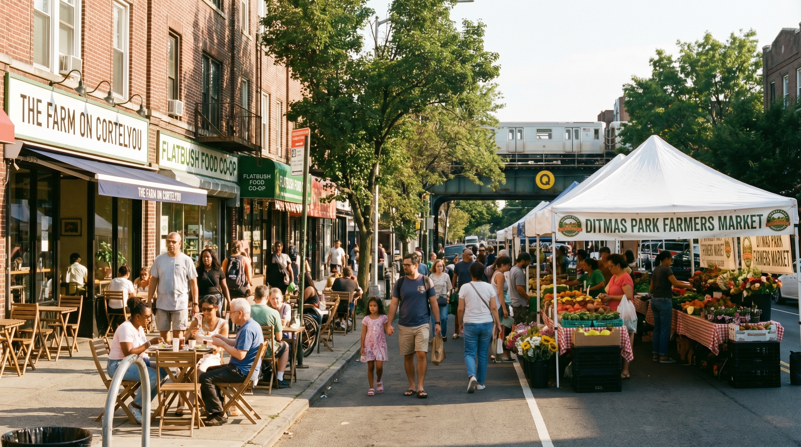 Cortelyou Road in Ditmas Village Brooklyn on a Sunday morning with the outdoor farmers market, diverse neighborhood residents, independent restaurants with sidewalk seating, and a Q train visible in the background