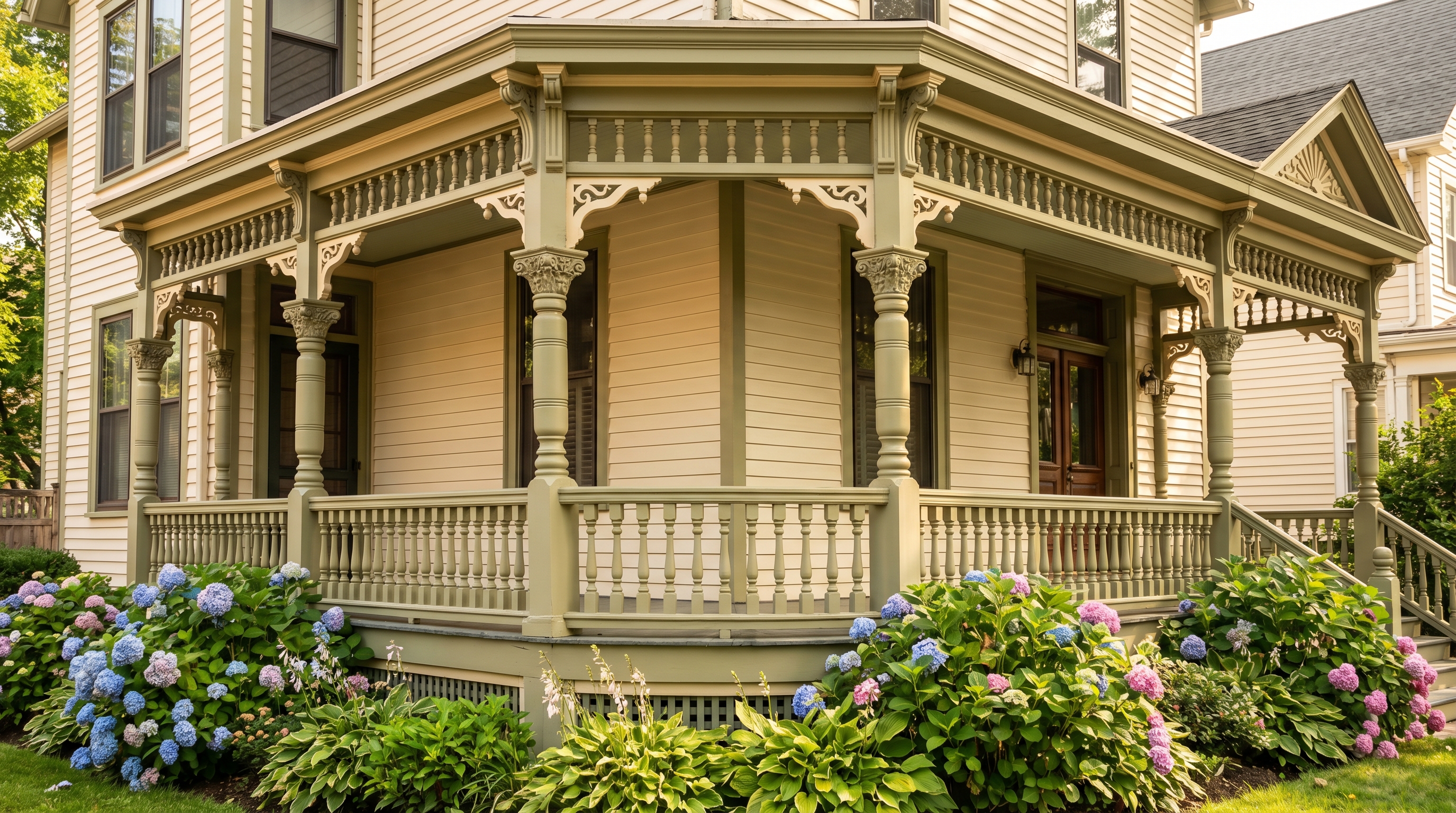 Wraparound porch of a Victorian wood-frame house in Ditmas Village Brooklyn with ornate turned wooden spindles and lush hydrangea garden in summer