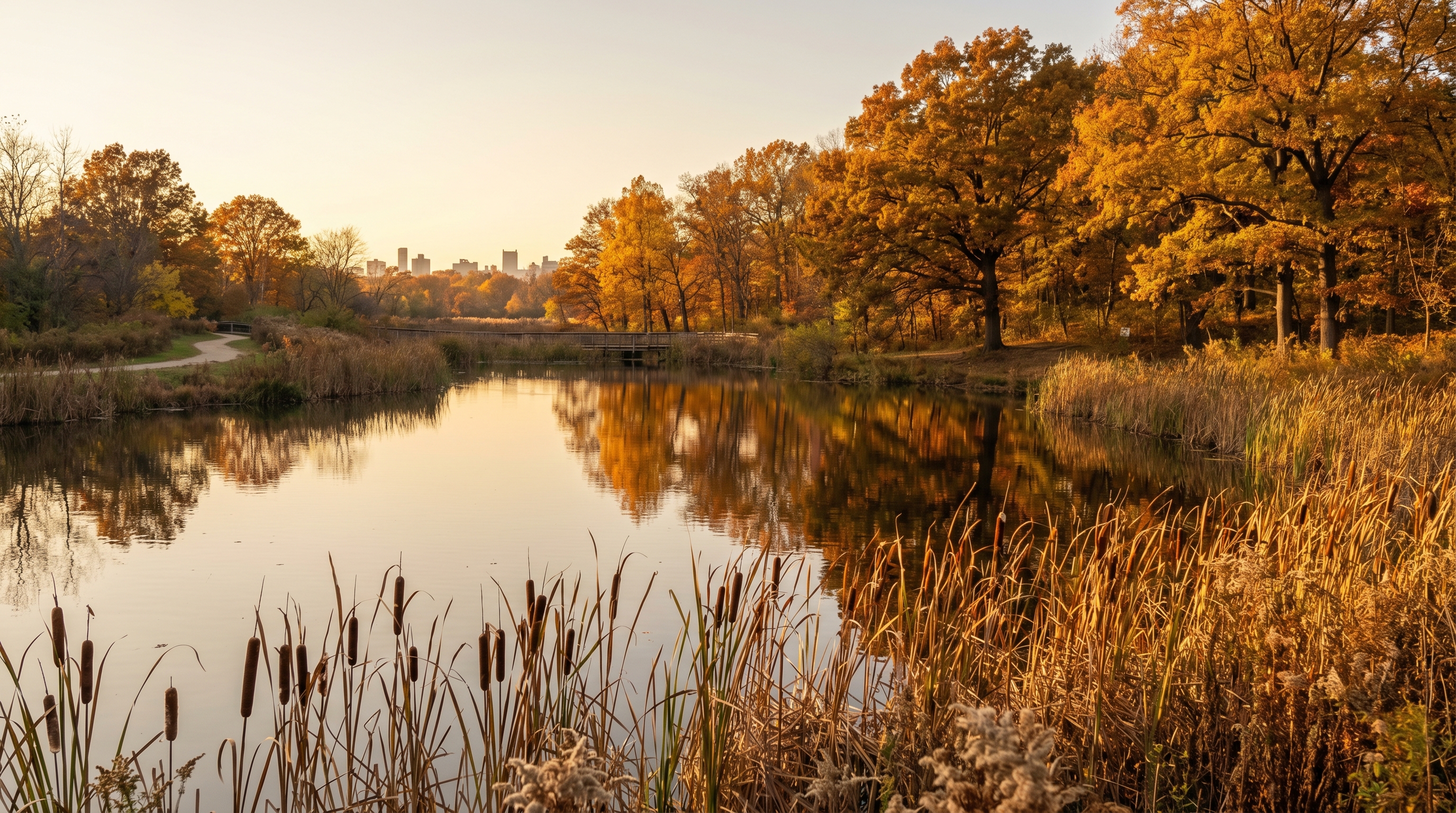 Alley Pond Park freshwater wetland in Queens at golden hour with cattails and autumn foliage reflecting in still water