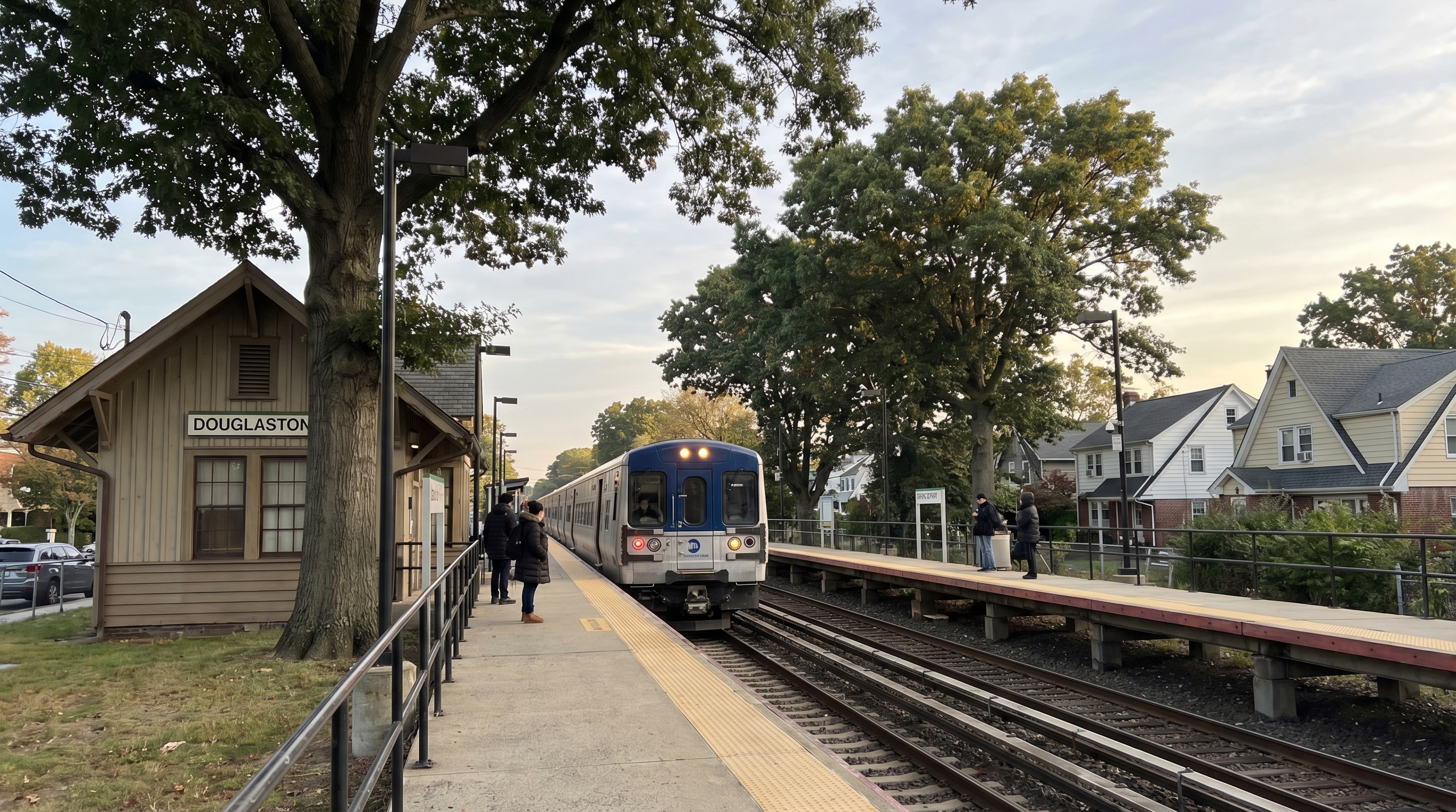 Douglaston LIRR station on the Port Washington Branch with a commuter train arriving at the platform, residential homes visible in background