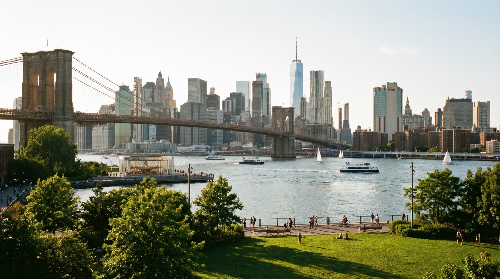 Brooklyn Bridge Park on a warm afternoon with green lawns in the foreground, the East River and Manhattan skyline beyond, the Brooklyn Bridge spanning the water to the left, and visitors walking the promenade and sitting on the grass