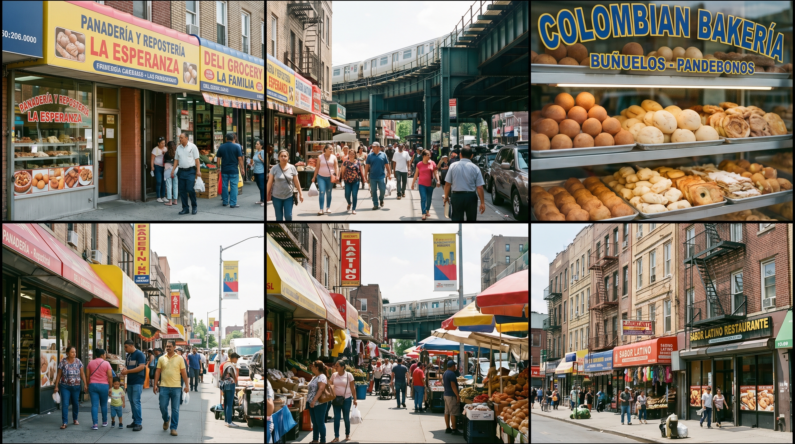 The vibrant 25th Avenue commercial corridor in East Elmhurst showing Colombian bakeries, Spanish-language storefronts, and the everyday food culture of the neighborhood