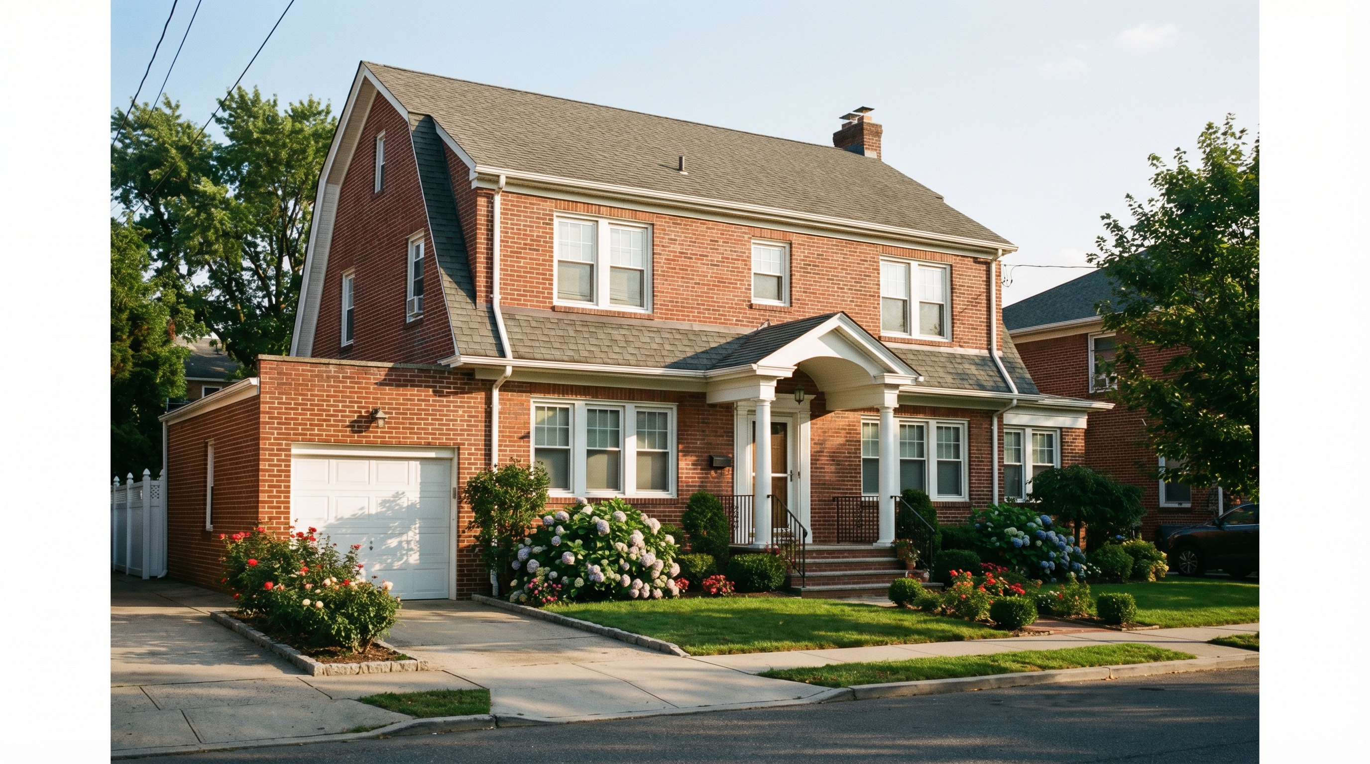 A well-maintained 1940s-era brick two-family home in East Elmhurst's Gold Coast blocks, showing the Dutch Colonial gambrel roof, attached garage, and manicured front garden typical of the neighborhood's most enduring residential stock