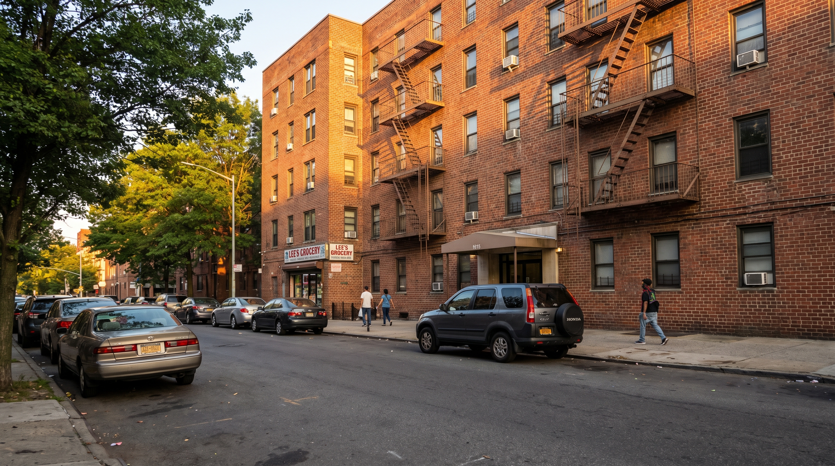 Postwar brick apartment buildings on a residential street in East Flushing, Queens showing typical mid-rise housing stock with fire escapes and ground-floor storefronts