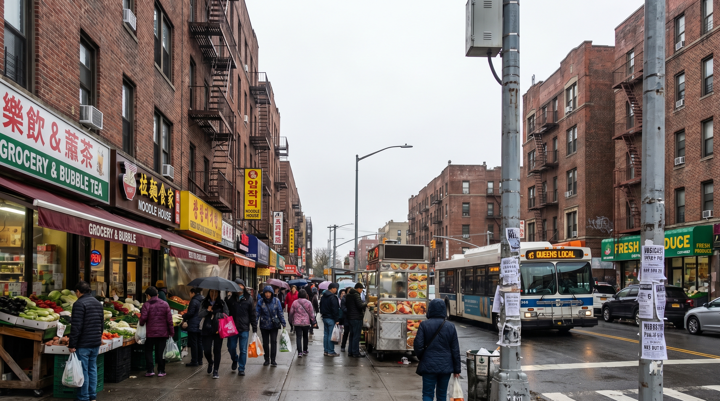 Kissena Boulevard commercial strip in East Flushing, Queens showing mid-rise brick buildings with Chinese and Korean storefronts, street vendors, and Queens bus service