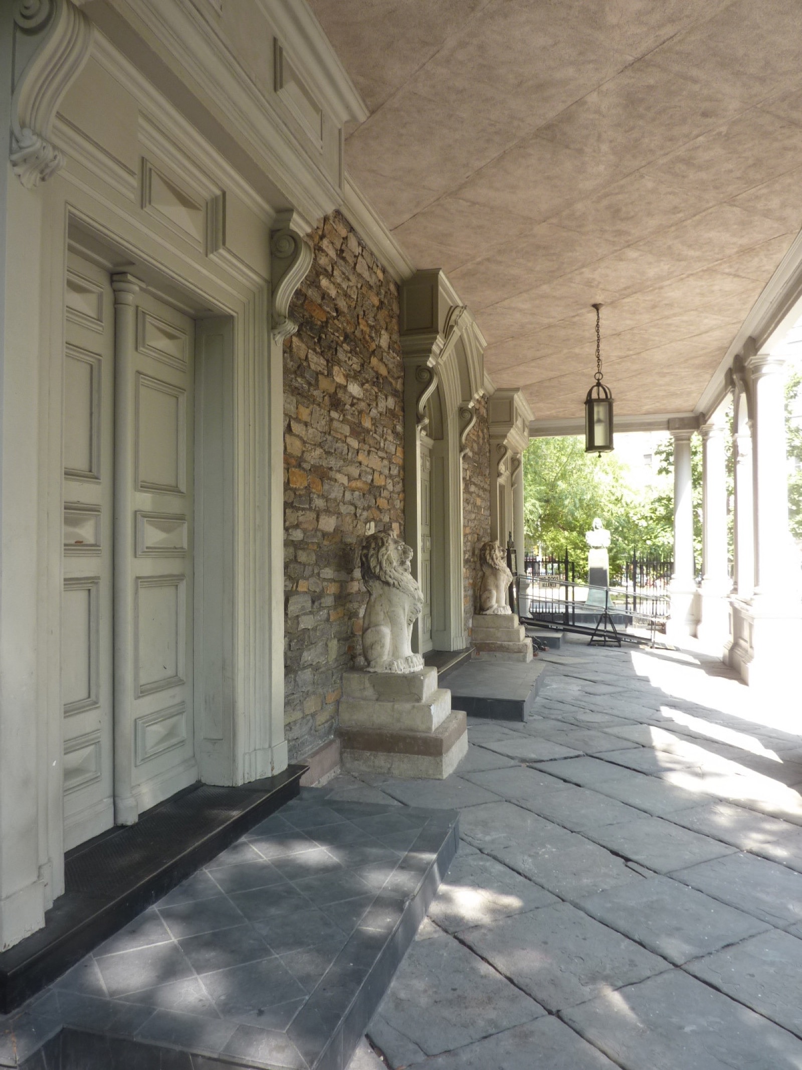 The portico entrance of St. Mark's Church-in-the-Bowery at 131 East 10th Street, the oldest site of continuous religious use in Manhattan, built in 1799 on the site of Peter Stuyvesant's 1660 chapel