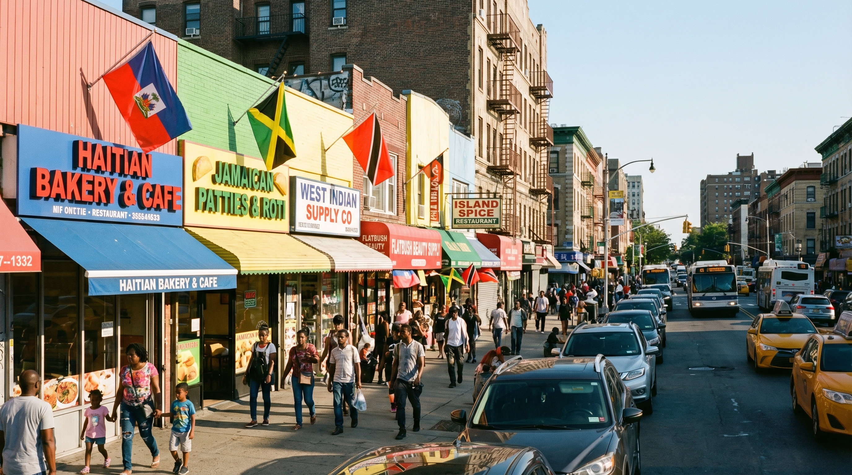 Flatbush Avenue in Erasmus, Brooklyn, showing Caribbean-American commercial corridor with Haitian bakery, Jamaican patty shop, and West Indian businesses under summer sun