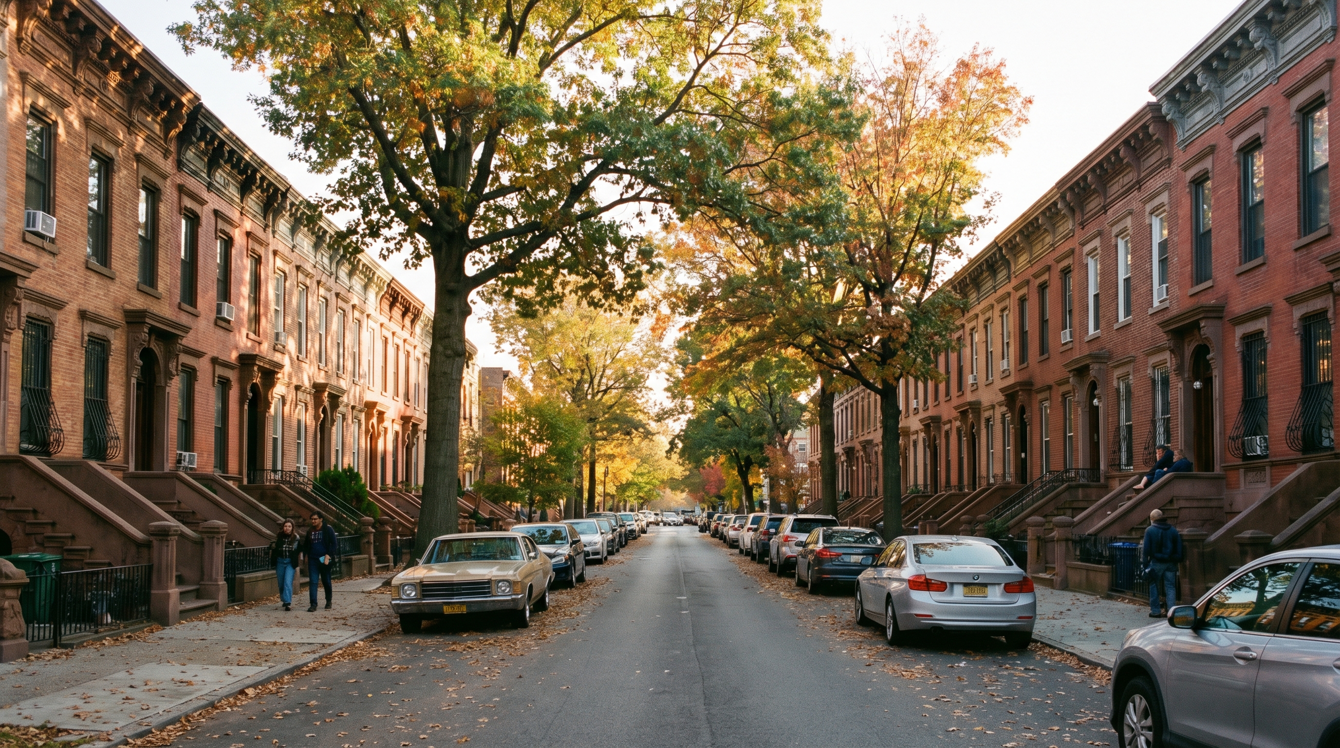 Pre-war brick rowhouses on a quiet residential block in Erasmus, Brooklyn, with mature street trees, stoops, and attached two-family buildings in autumn afternoon light