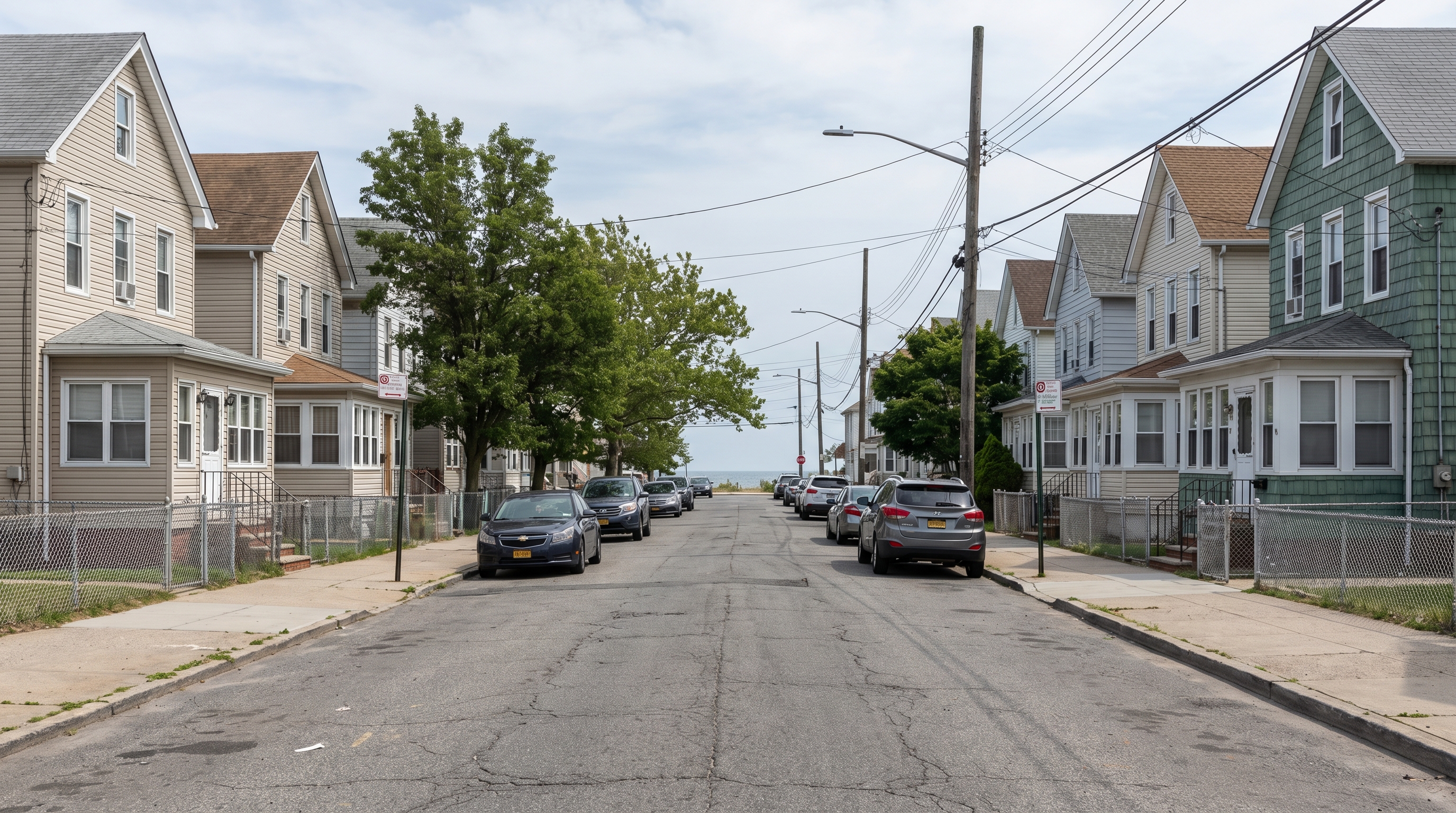 Residential street in Far Rockaway showing wood-frame homes with chain-link fences, parked cars, and the Atlantic Ocean visible at the end of the block