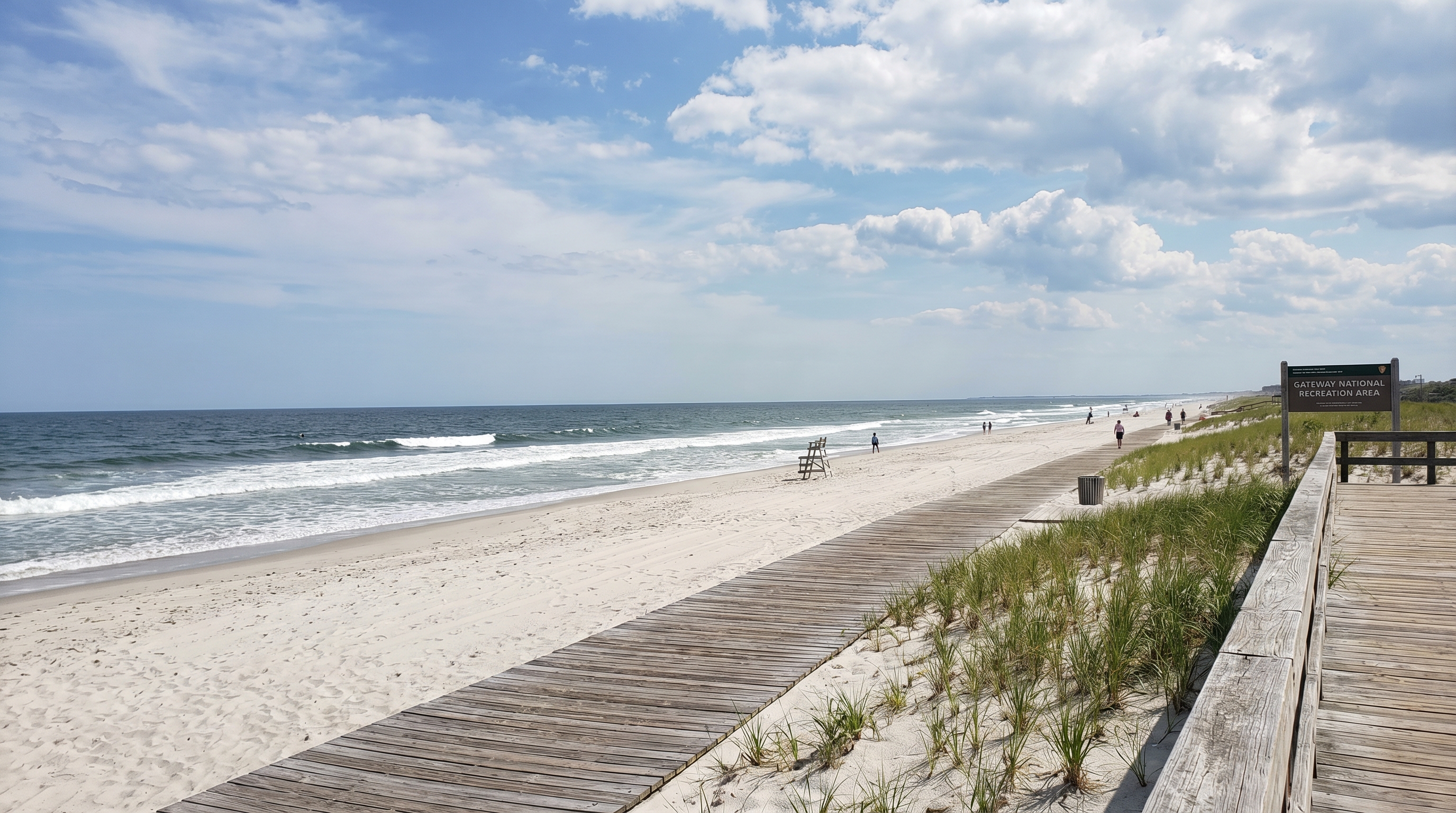 Rockaway Beach in the Gateway National Recreation Area with white sand, gentle Atlantic waves, and a boardwalk extending along the shore