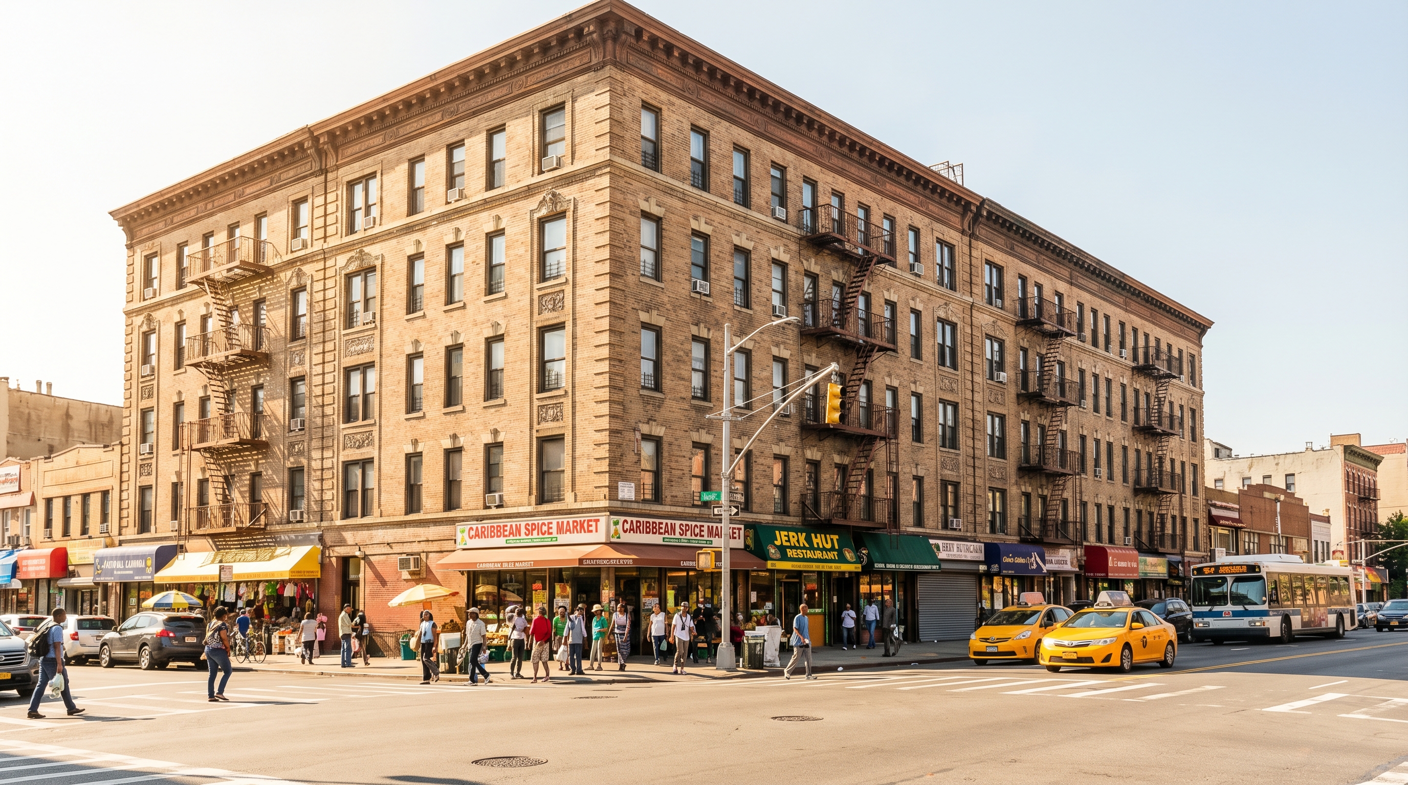 Pre-war five-story brick apartment building on a commercial corner in Flatbush, Brooklyn with Caribbean grocery and restaurant storefronts at street level and pedestrians on the sidewalk