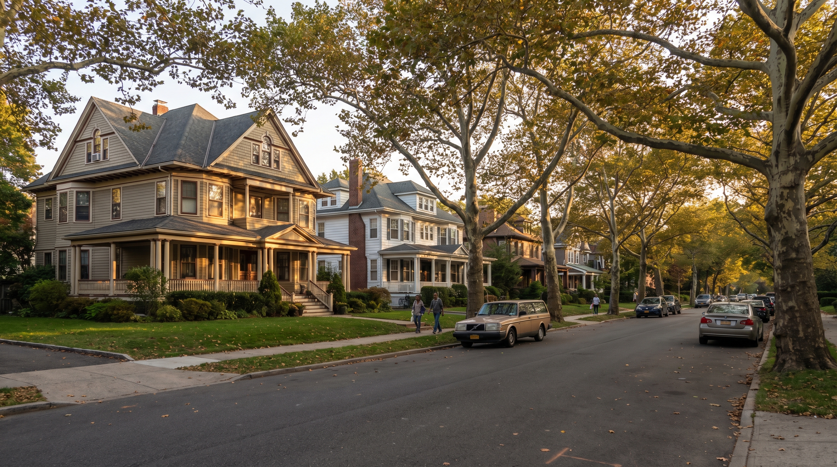 Tree-lined Victorian residential street in Ditmas Park, Flatbush with large Queen Anne and Colonial Revival houses set back on deep lots with mature sycamore trees forming a canopy