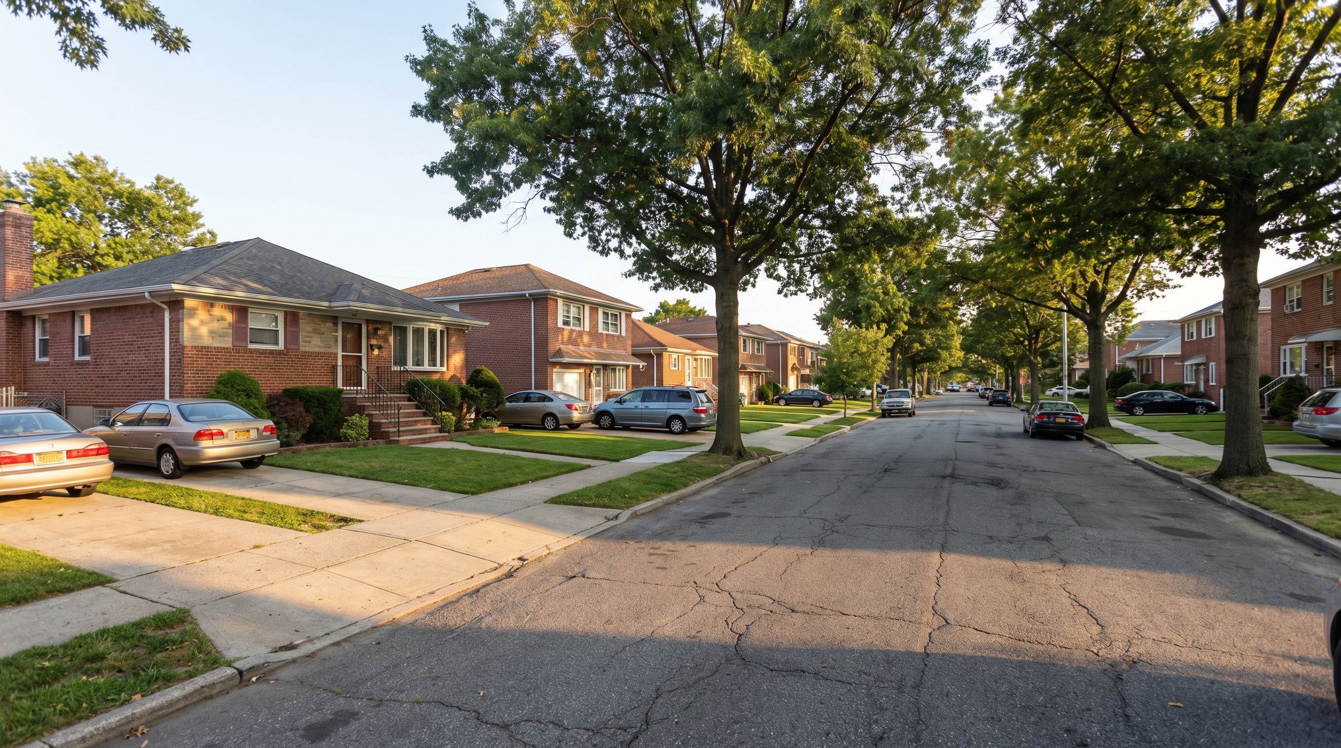 Typical Flatlands Brooklyn residential street with rows of detached and semi-detached one- and two-story brick homes, concrete driveways, small front lawns, and mature shade trees lining the sidewalk in late afternoon summer light