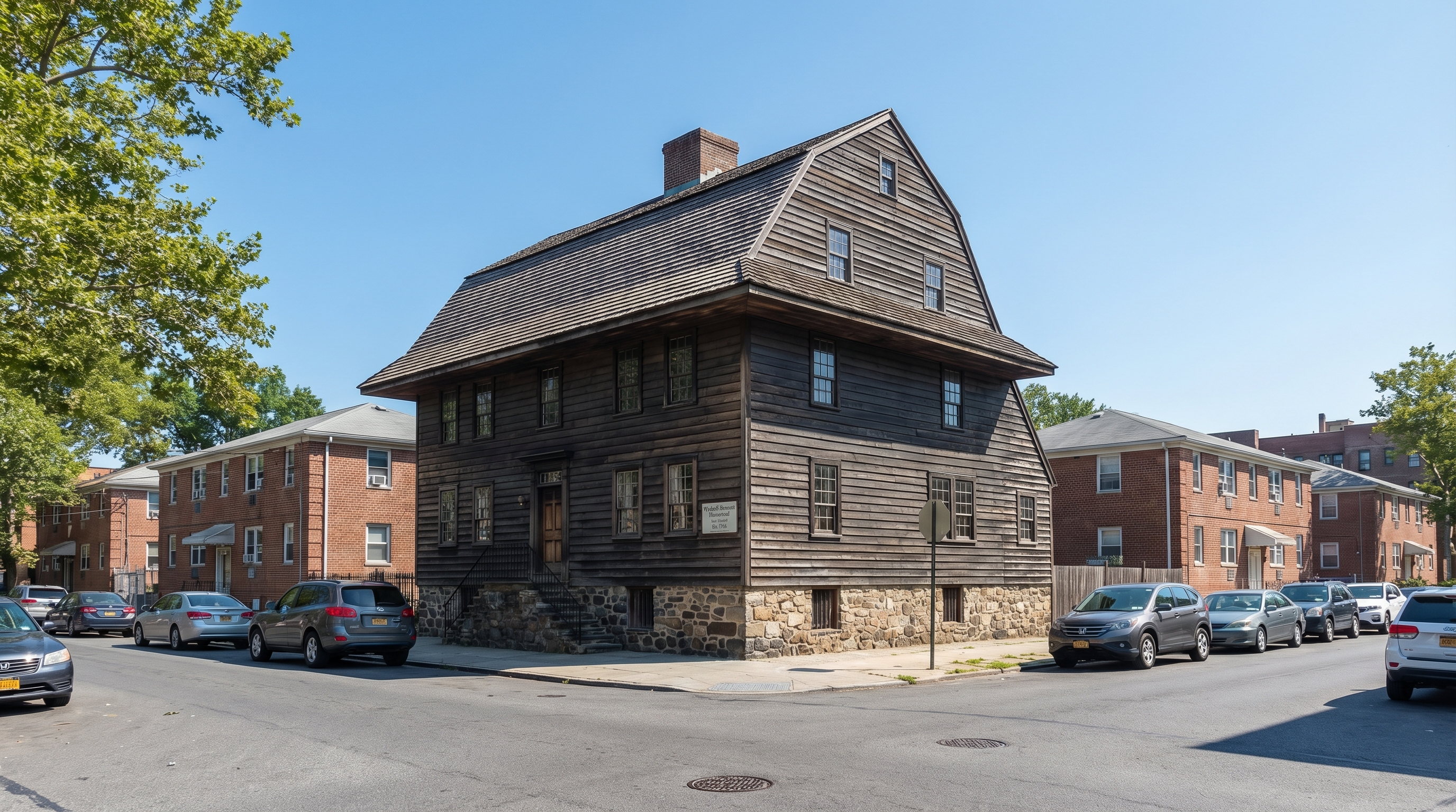 Historic Dutch Colonial farmhouse in Flatlands Brooklyn, gambrel roof with wide overhanging eaves, fieldstone foundation and wooden clapboard siding, surrounded by mid-century brick apartment buildings and modern cars on the street