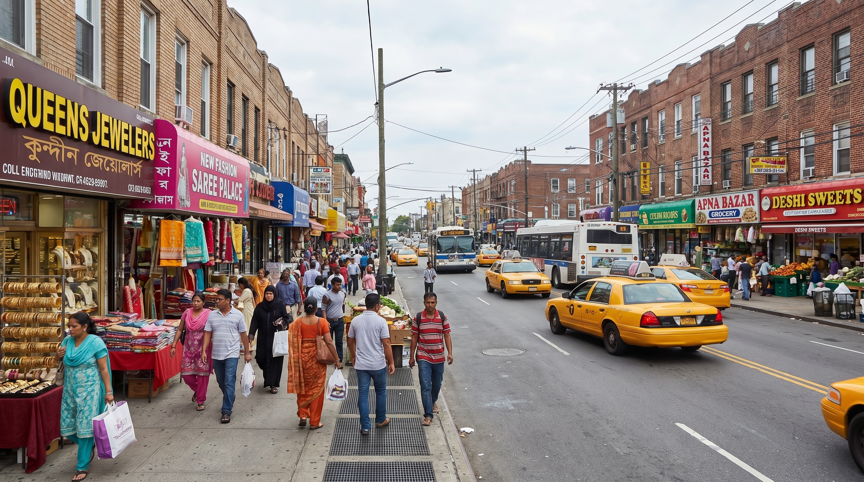 South Asian commercial corridor in Queens showing colorful storefronts with gold jewelry stores, sari shops, grocery stores and pedestrians on the sidewalk