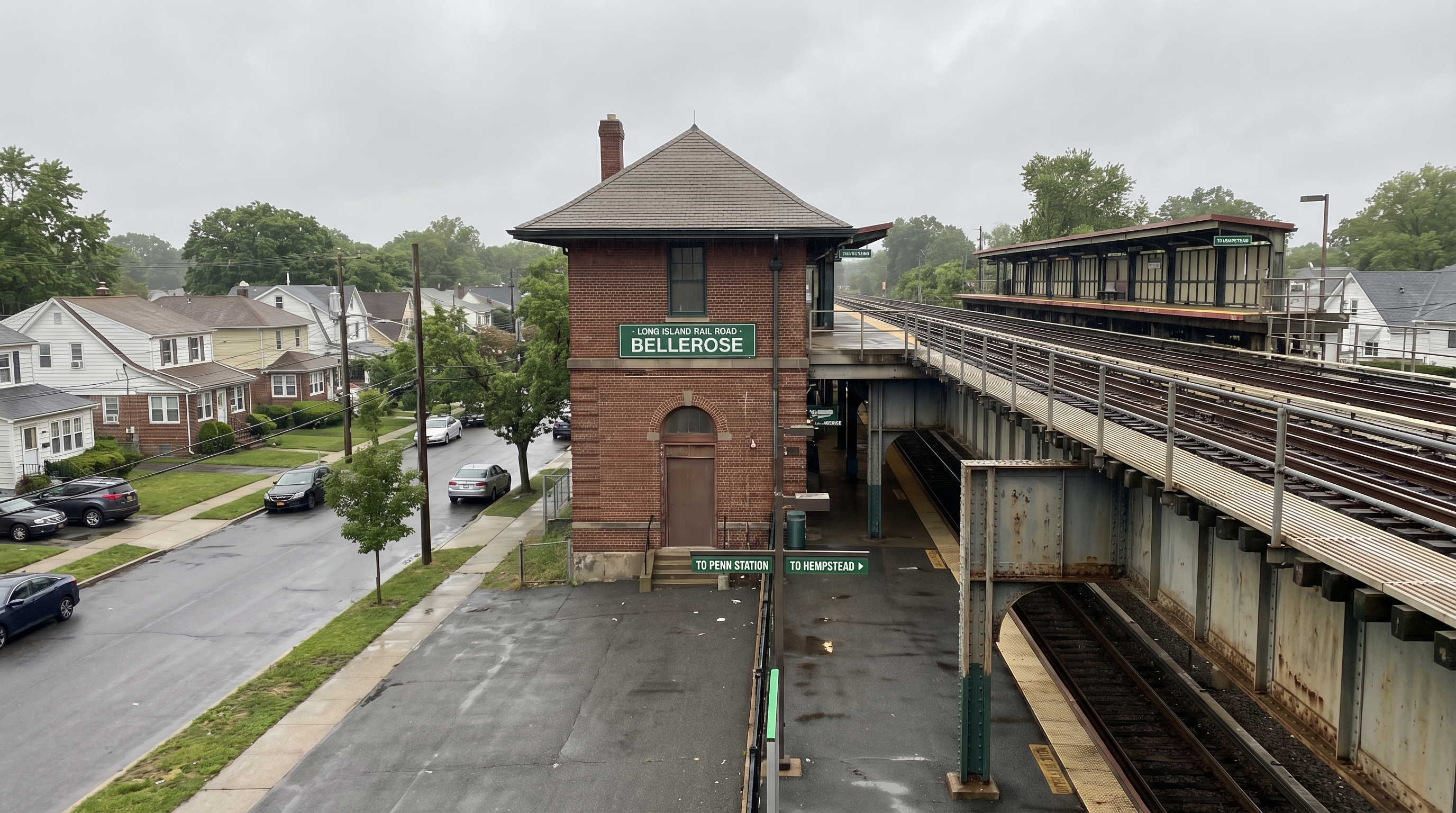 Long Island Rail Road commuter station on the Hempstead Branch in a residential Queens neighborhood near the Nassau County border with brick station building and platform