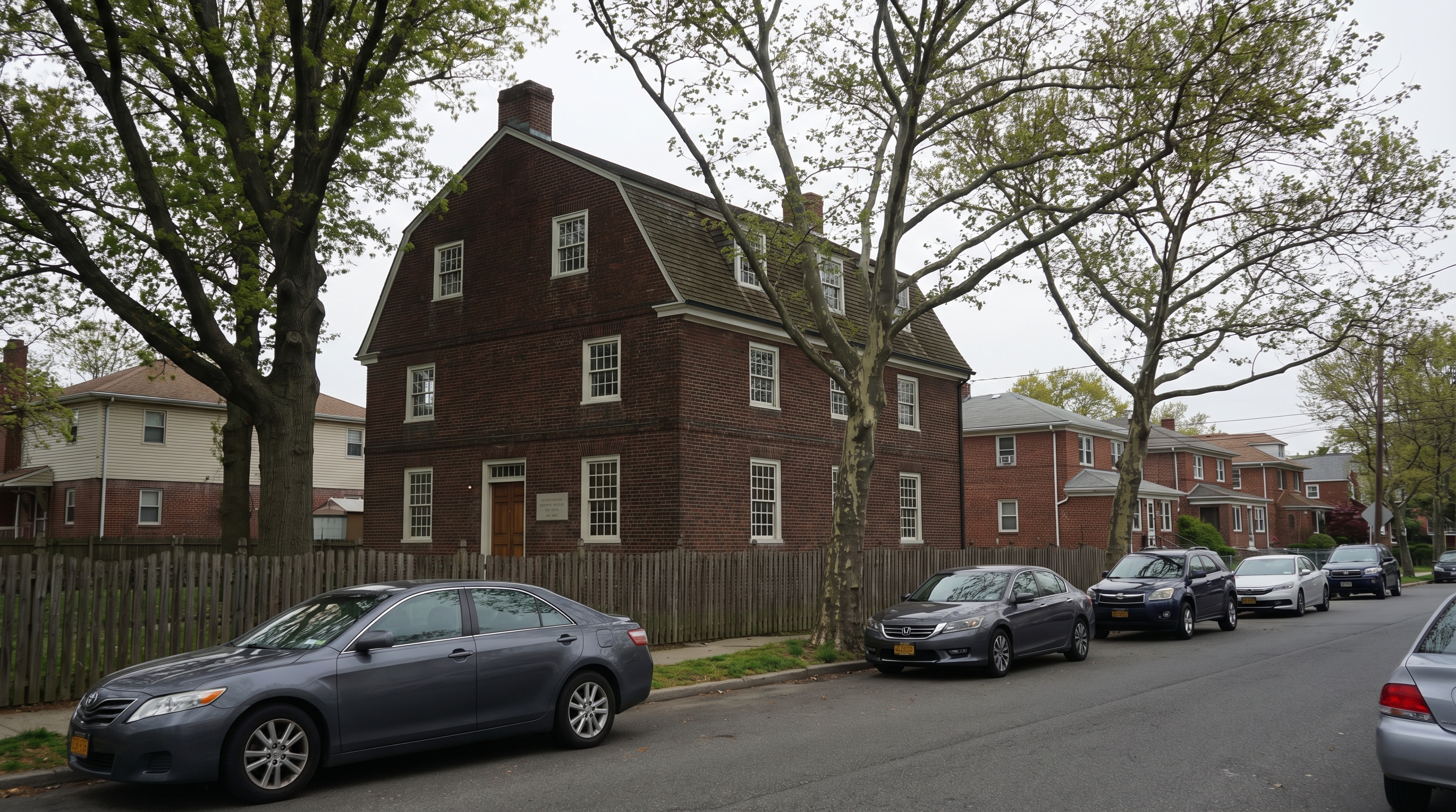 The exterior of the Friends Meeting House in Flushing, Queens, a plain Colonial-era brick building from 1694 on Northern Boulevard surrounded by mature trees and a residential street