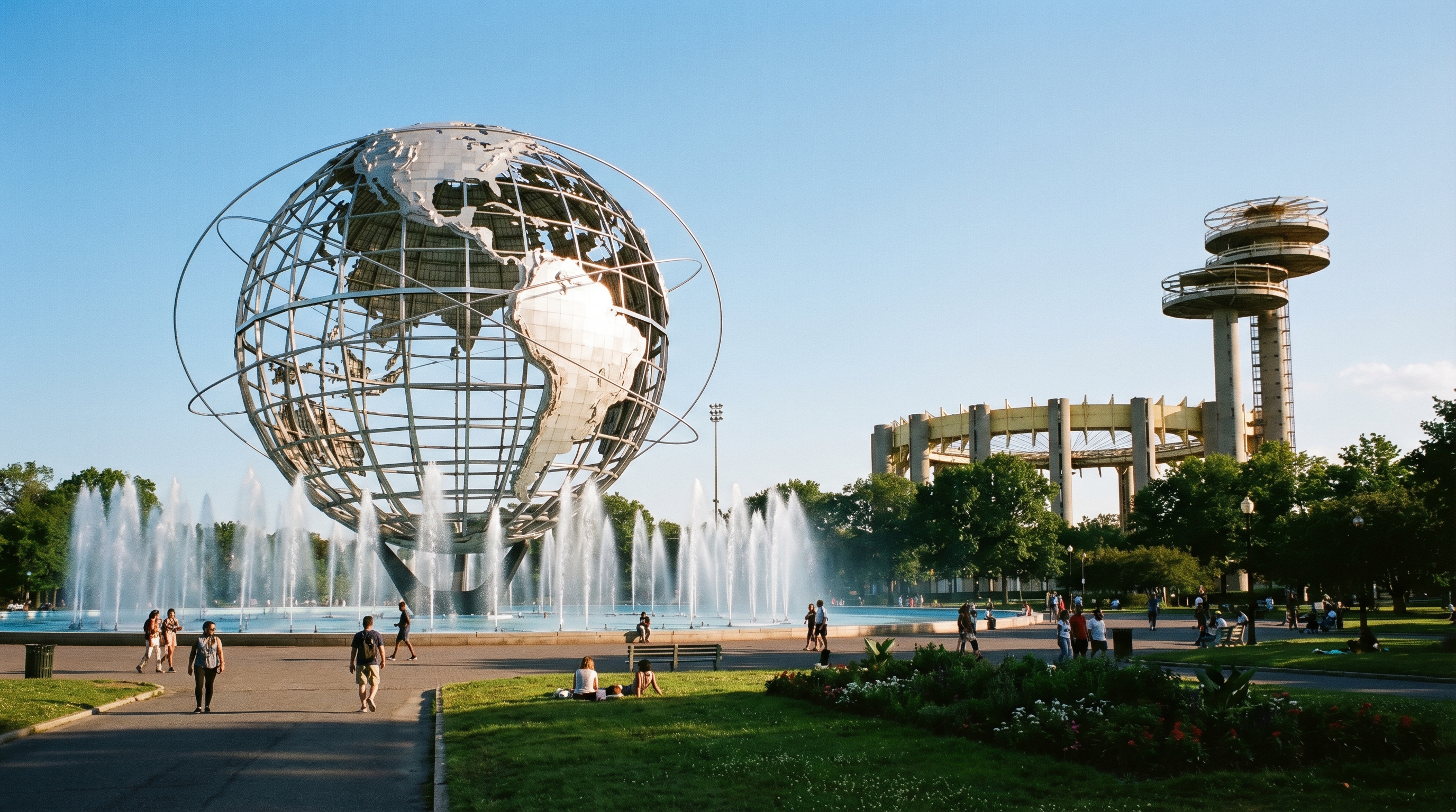 The Unisphere at Flushing Meadows-Corona Park, the 140-foot stainless steel globe sculpture built for the 1964 World's Fair, with the New York State Pavilion Observation Towers visible behind it and fountains running in the reflecting pool