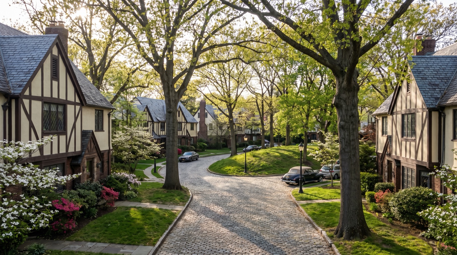 A curving tree-lined residential street in Forest Hills Gardens with Tudor Revival homes, half-timbered facades, and cobblestone paving in the Olmsted-designed layout