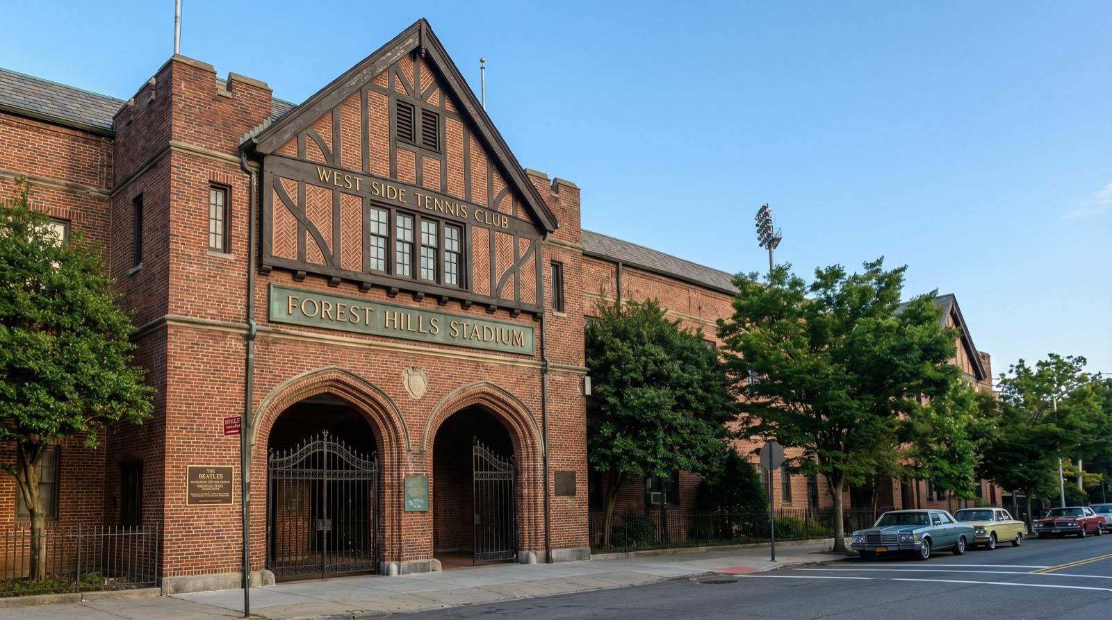 The brick entrance of Forest Hills Stadium and West Side Tennis Club, the Tudor Revival venue that hosted the US Open for over sixty years
