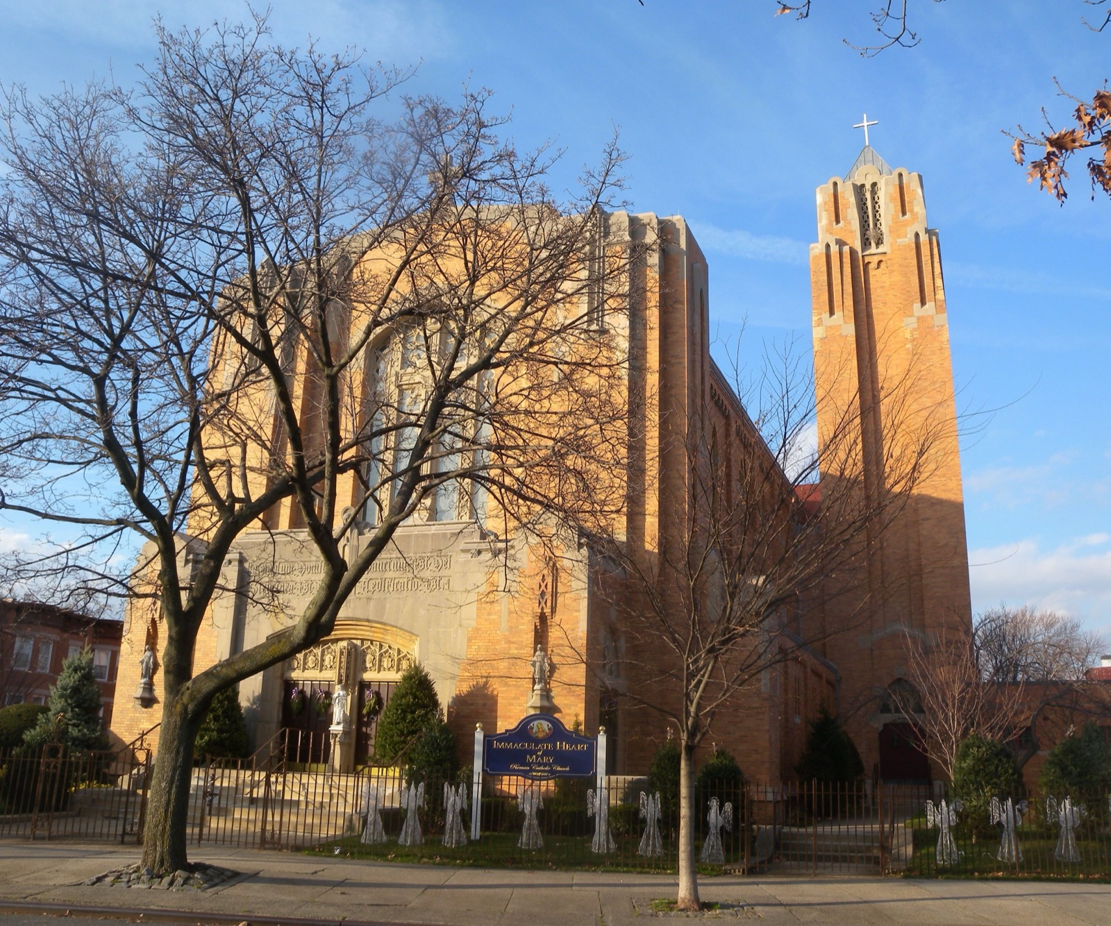 The brick Gothic tower of Immaculate Heart of Mary Church on Fort Hamilton Parkway in the Fort Hamilton Brooklyn neighborhood