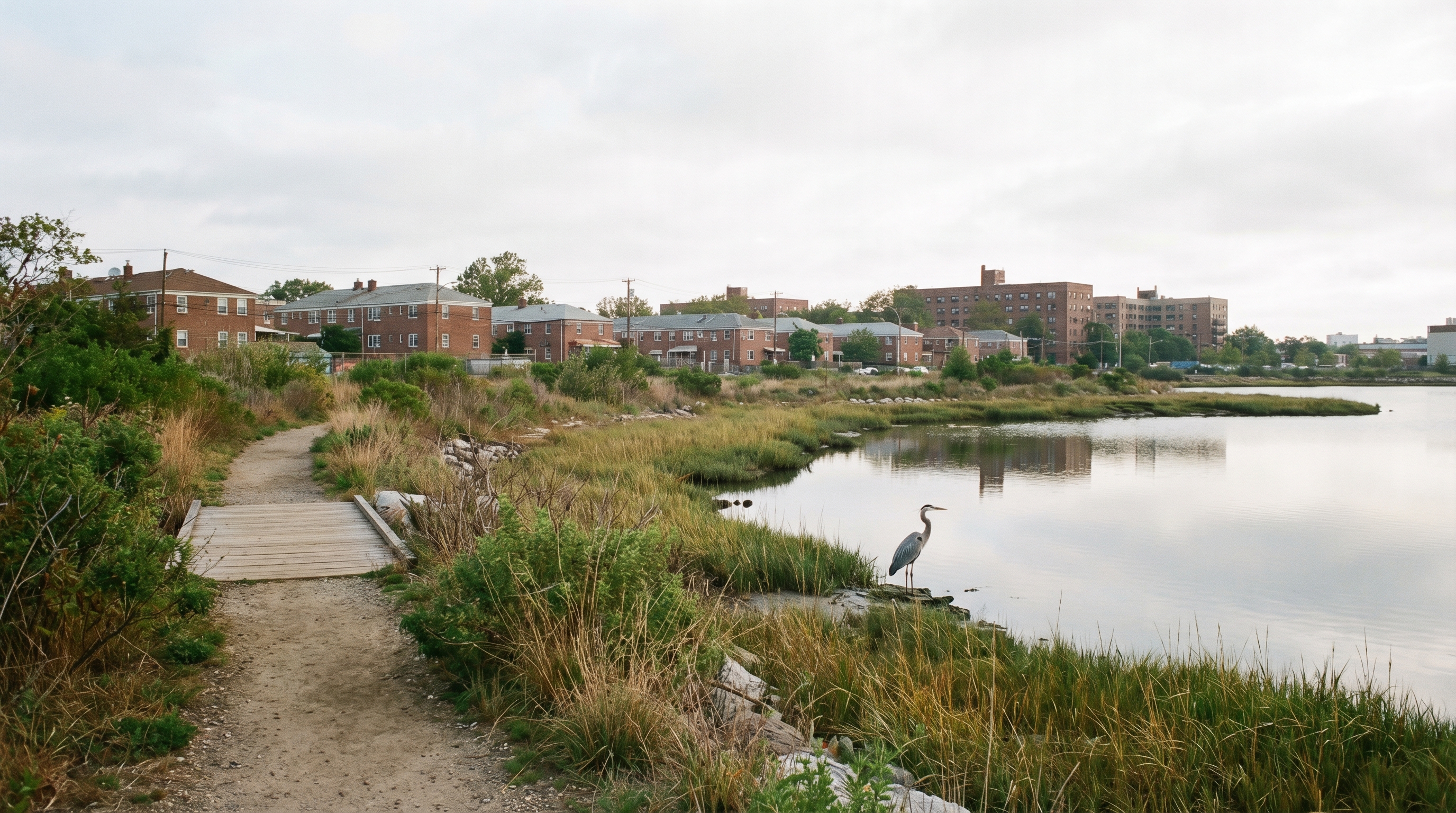 The restored waterfront path along the Paerdegat Basin in Brooklyn, with a great blue heron standing at the tidal inlet's edge and low-rise residential buildings in the background