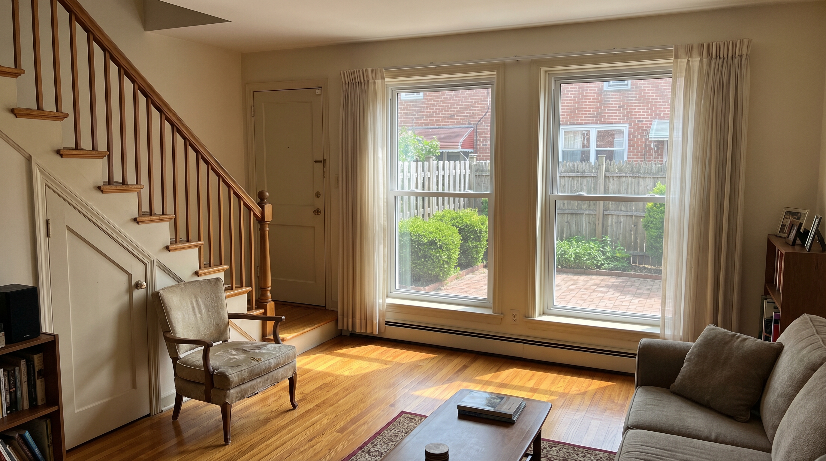 The bright living room of a 1960s Georgetown-style Brooklyn brick home showing hardwood floors, a staircase, large windows, and afternoon light