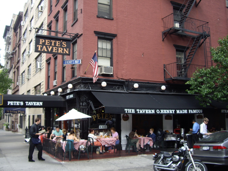 Pete's Tavern on Irving Place, open since 1864, with its Victorian exterior and awning visible from the sidewalk