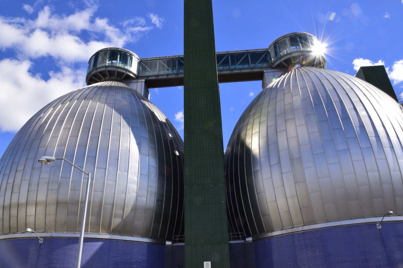The stainless steel digester eggs of the Newtown Creek Wastewater Treatment Plant in Greenpoint, eight 140-foot ovoid structures designed by Ennead Architects