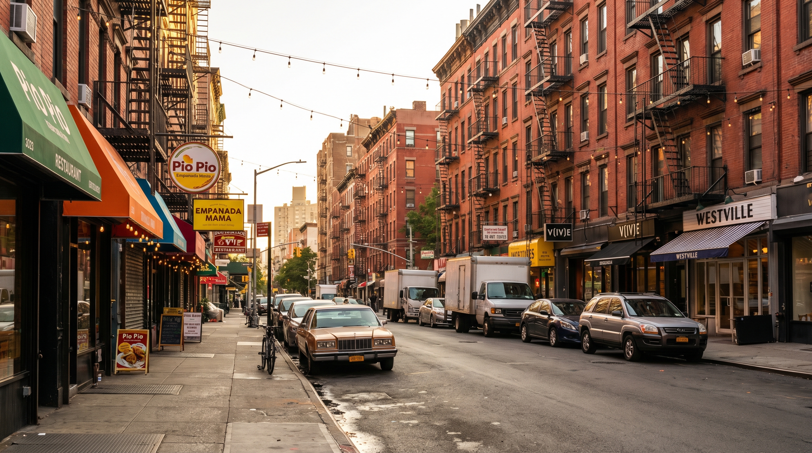Looking north along Ninth Avenue through the restaurant corridor of Hell's Kitchen, showing the dense commercial streetscape of restaurants, bars, and food shops