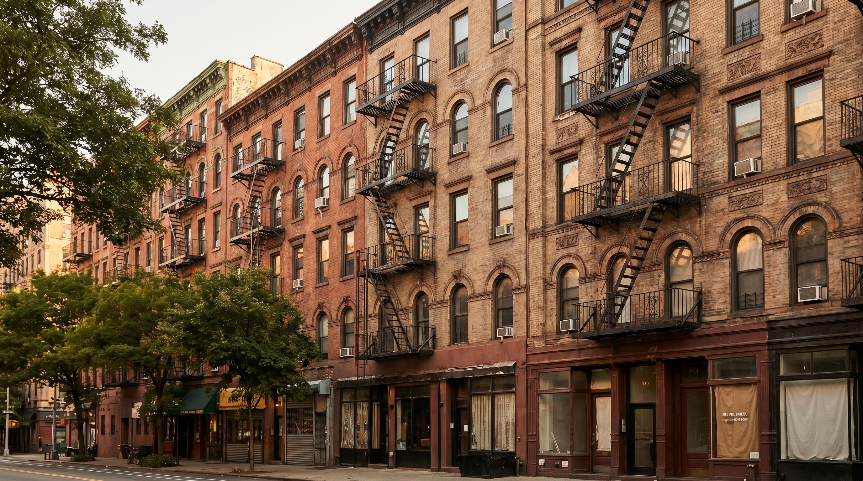 A cross-street view showing Hell's Kitchen tenement facades with iron fire escapes, the kind of walk-up buildings that define the neighborhood between Ninth and Tenth Avenues