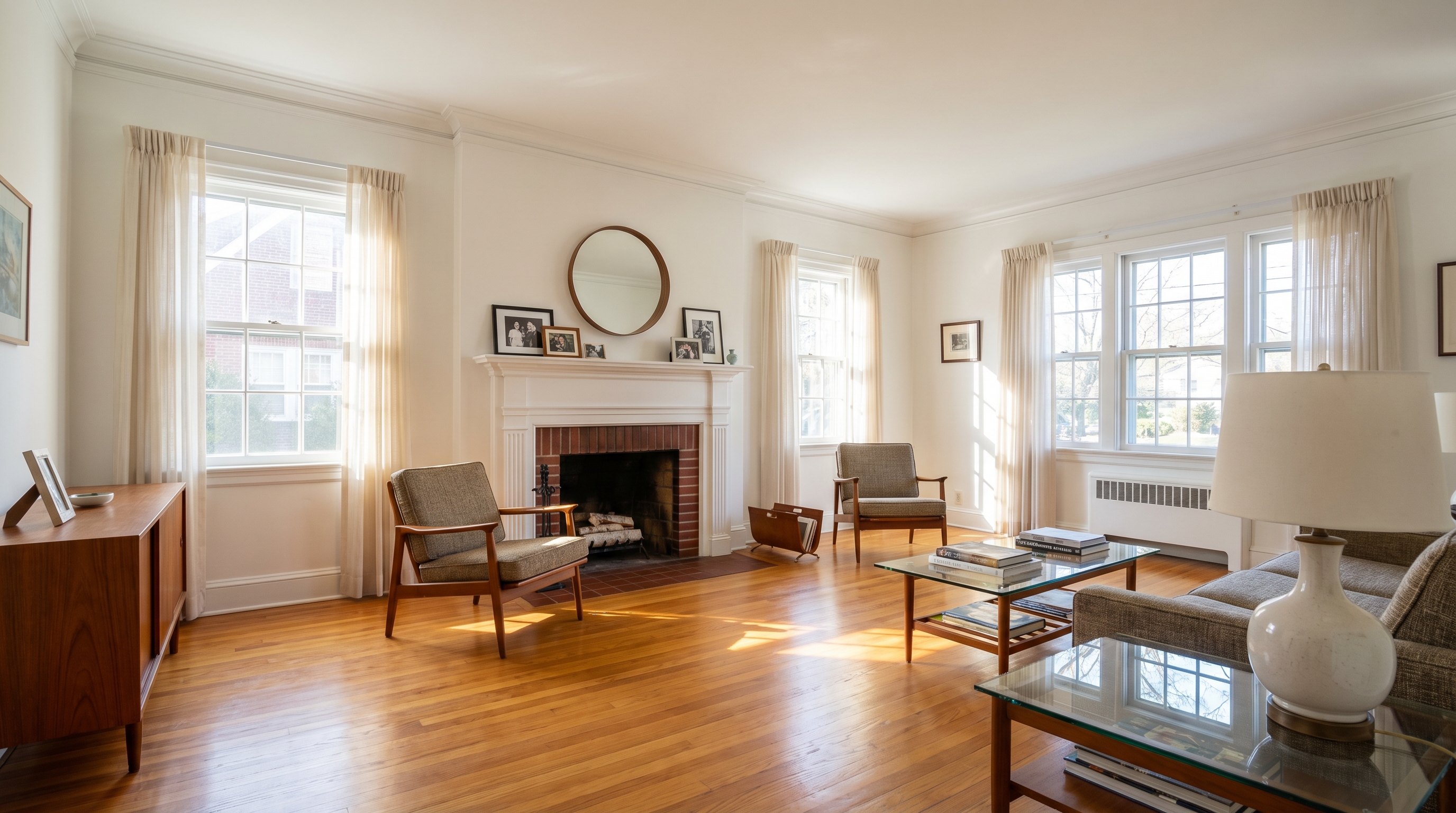 A bright living room in a Hollis Hills Colonial home with original hardwood floors, crown molding, a traditional fireplace, and large windows letting in afternoon light
