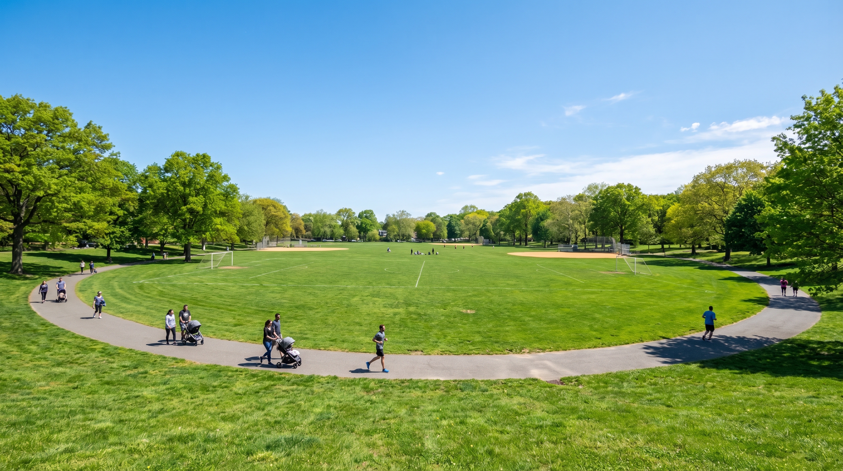 Cunningham Park in Queens on a spring morning with wide athletic fields, a paved walking path, families and joggers, surrounded by mature trees under a clear blue sky