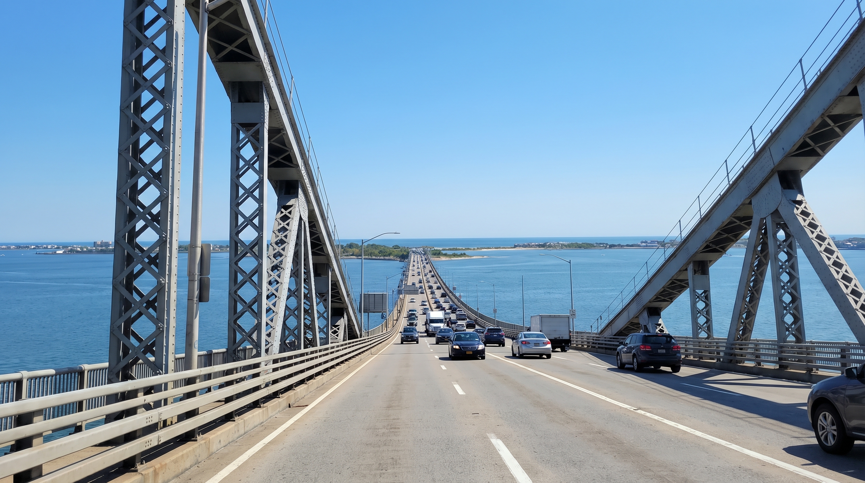 Cross Bay Veterans Memorial Bridge spanning Jamaica Bay on a clear summer day, cars crossing toward the Rockaway Peninsula, blue sky and open water