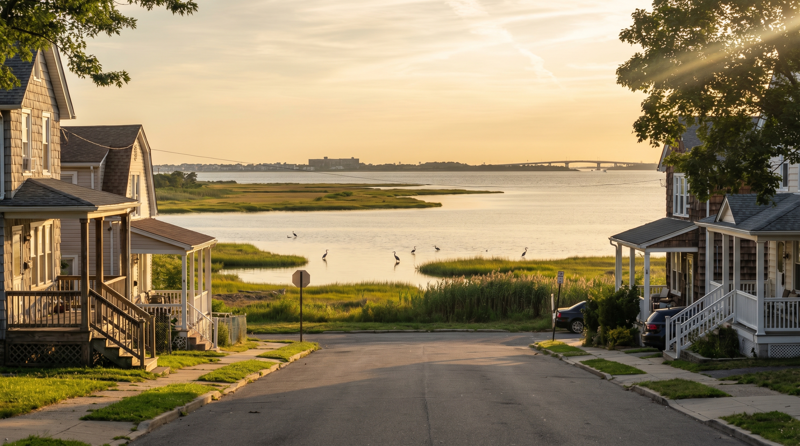 Jamaica Bay at sunset from Old Howard Beach, looking south across the marsh toward the Rockaway Peninsula, great blue herons wading in the shallows