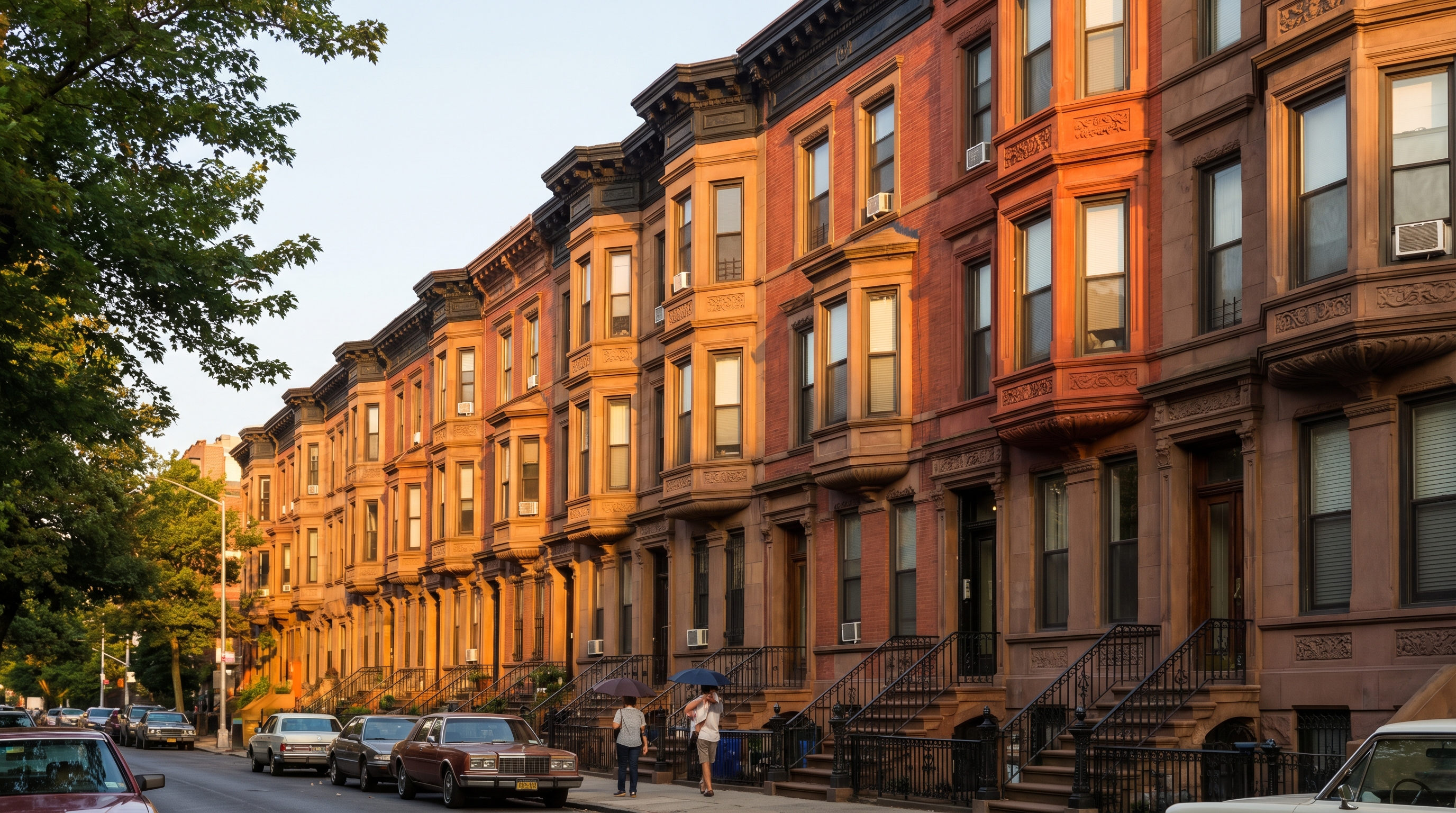 Victorian-era brick and brownstone rowhouses on a tree-lined street in Hunters Point, Queens, showing ornate terracotta details, bracketed cornices, stoop entrances, and iron railings in warm afternoon light