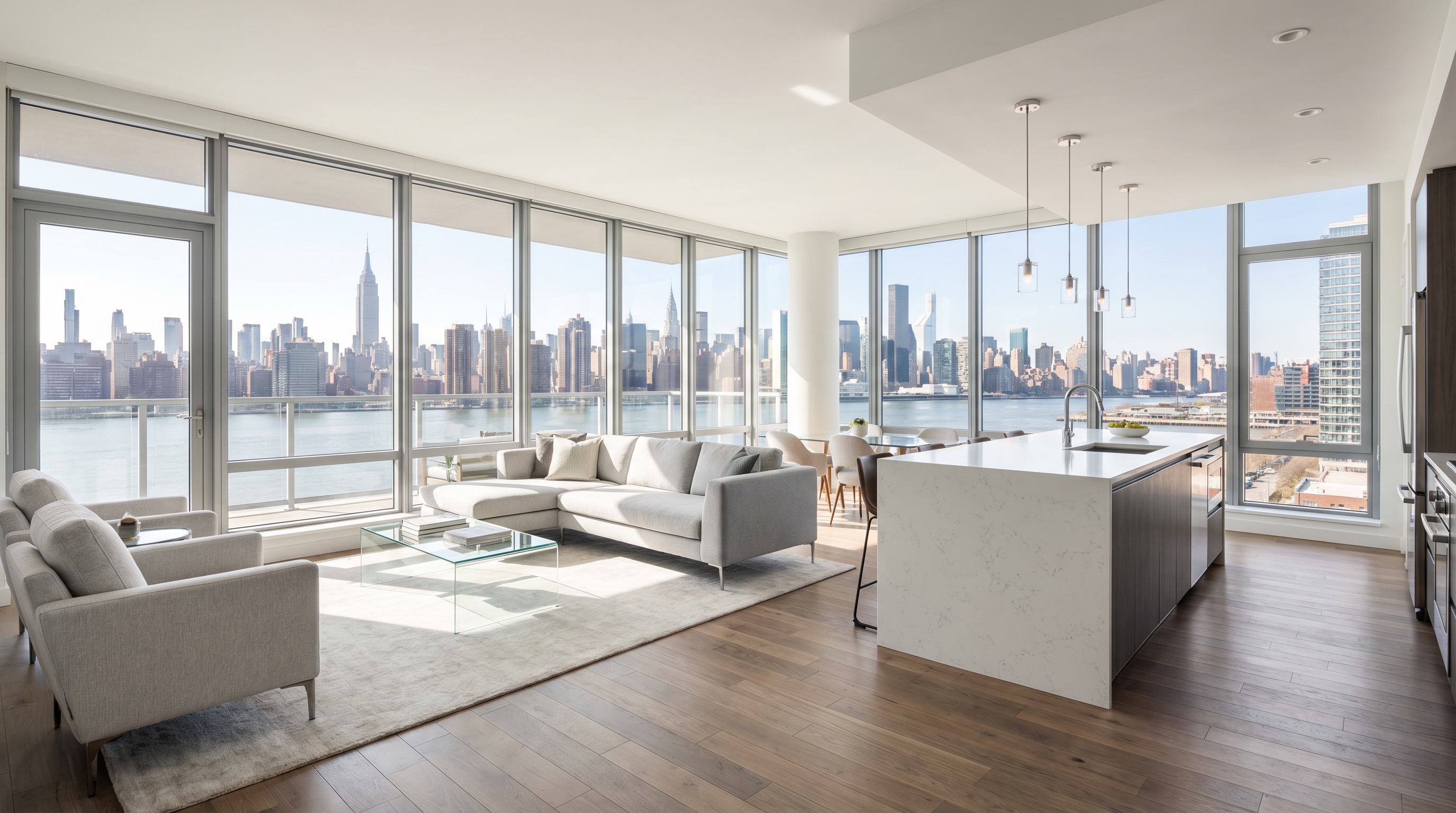 Modern luxury apartment interior in a Hunters Point high-rise tower with floor-to-ceiling windows overlooking the East River and the Manhattan midtown skyline