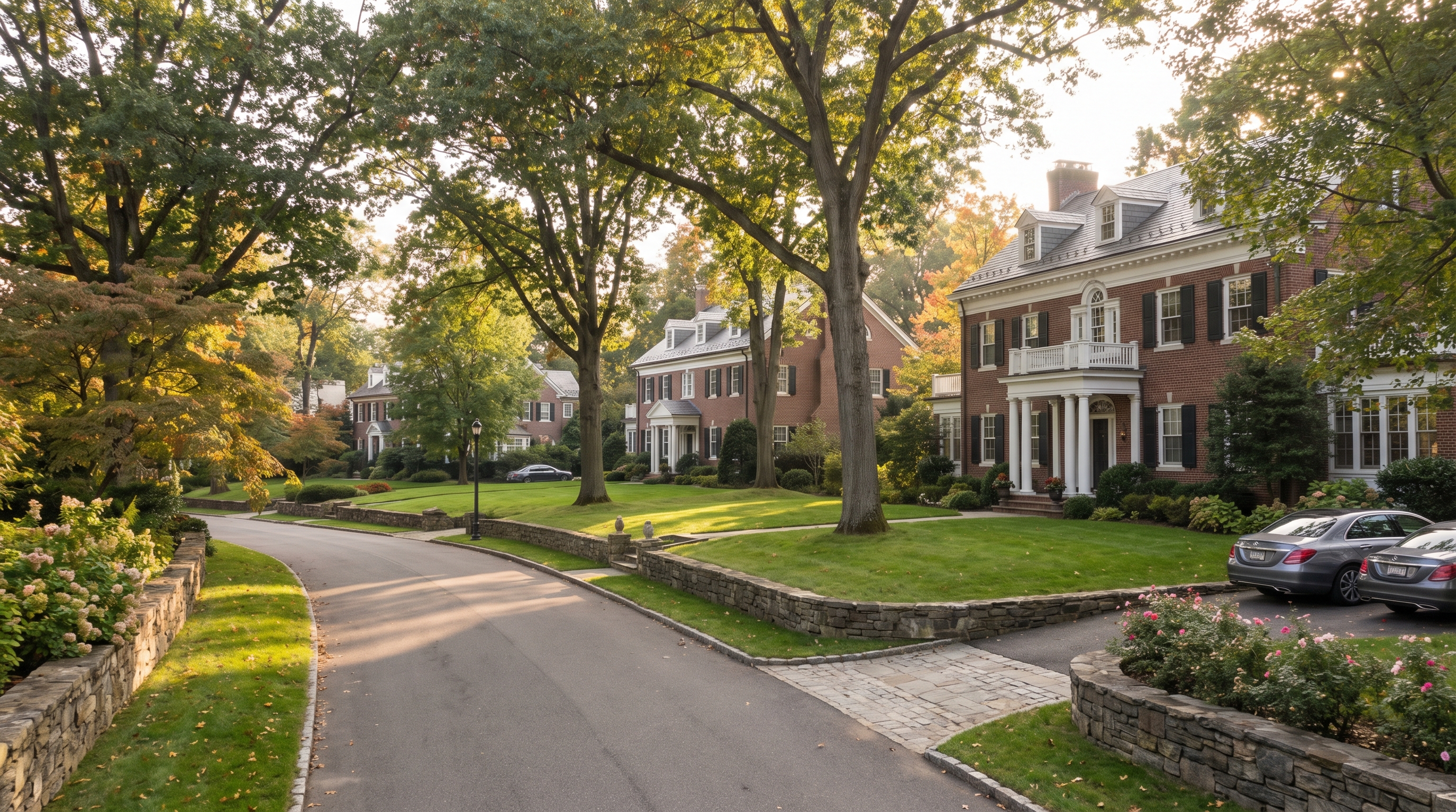 A curving residential street in Jamaica Estates with large Colonial Revival and Georgian homes, mature trees in early fall color, stone boundary walls, and wide manicured lawns