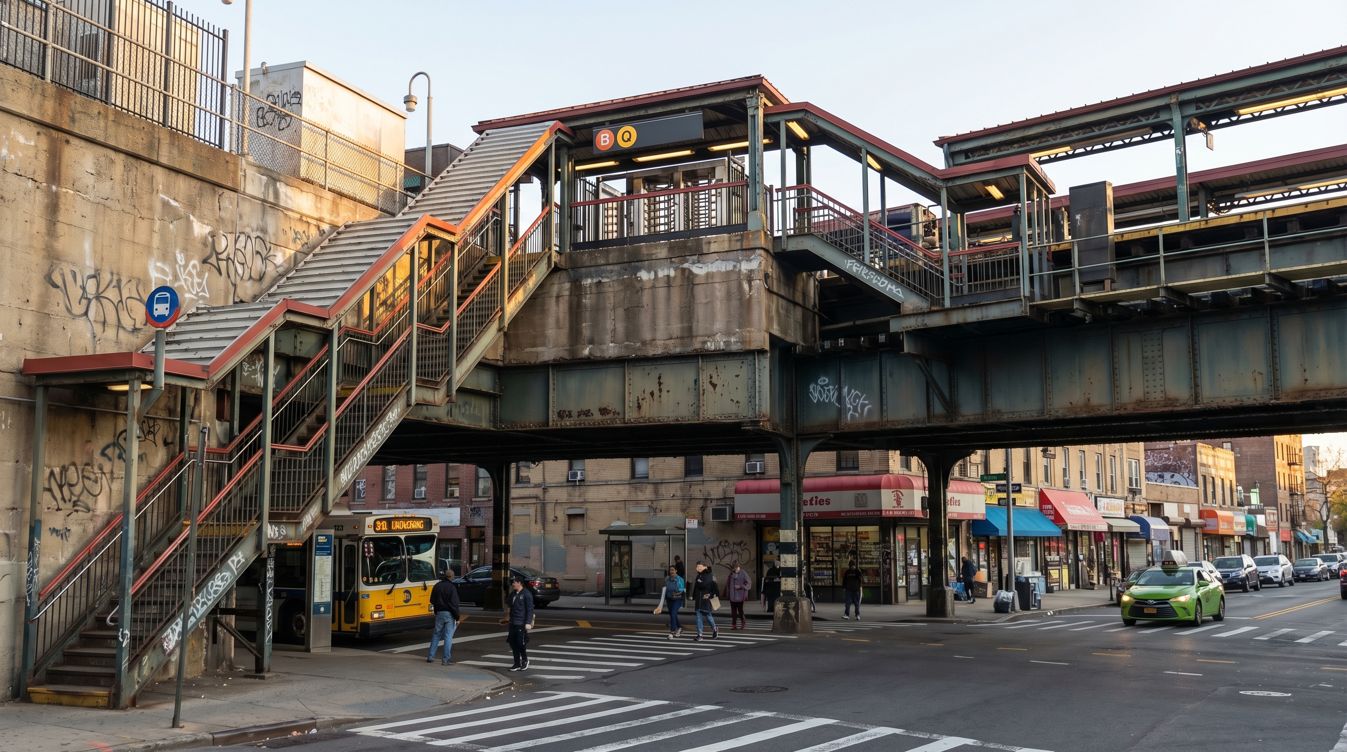 Kings Highway Brooklyn BMT Brighton Line B and Q subway station on an elevated embankment with staircase access, bus stops, and brick commercial storefronts lining the corridor below