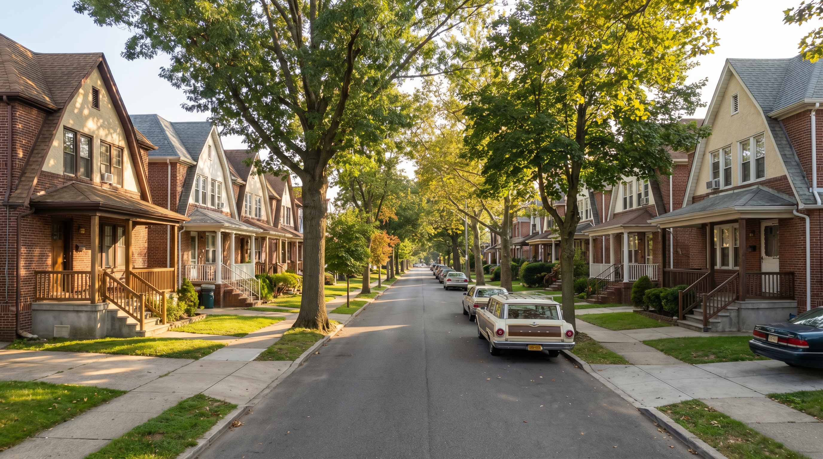 Tree-lined residential street in southern Brooklyn showing attached and semi-detached brick homes from the 1920s-1940s with small front lawns, stoops, and mature street trees