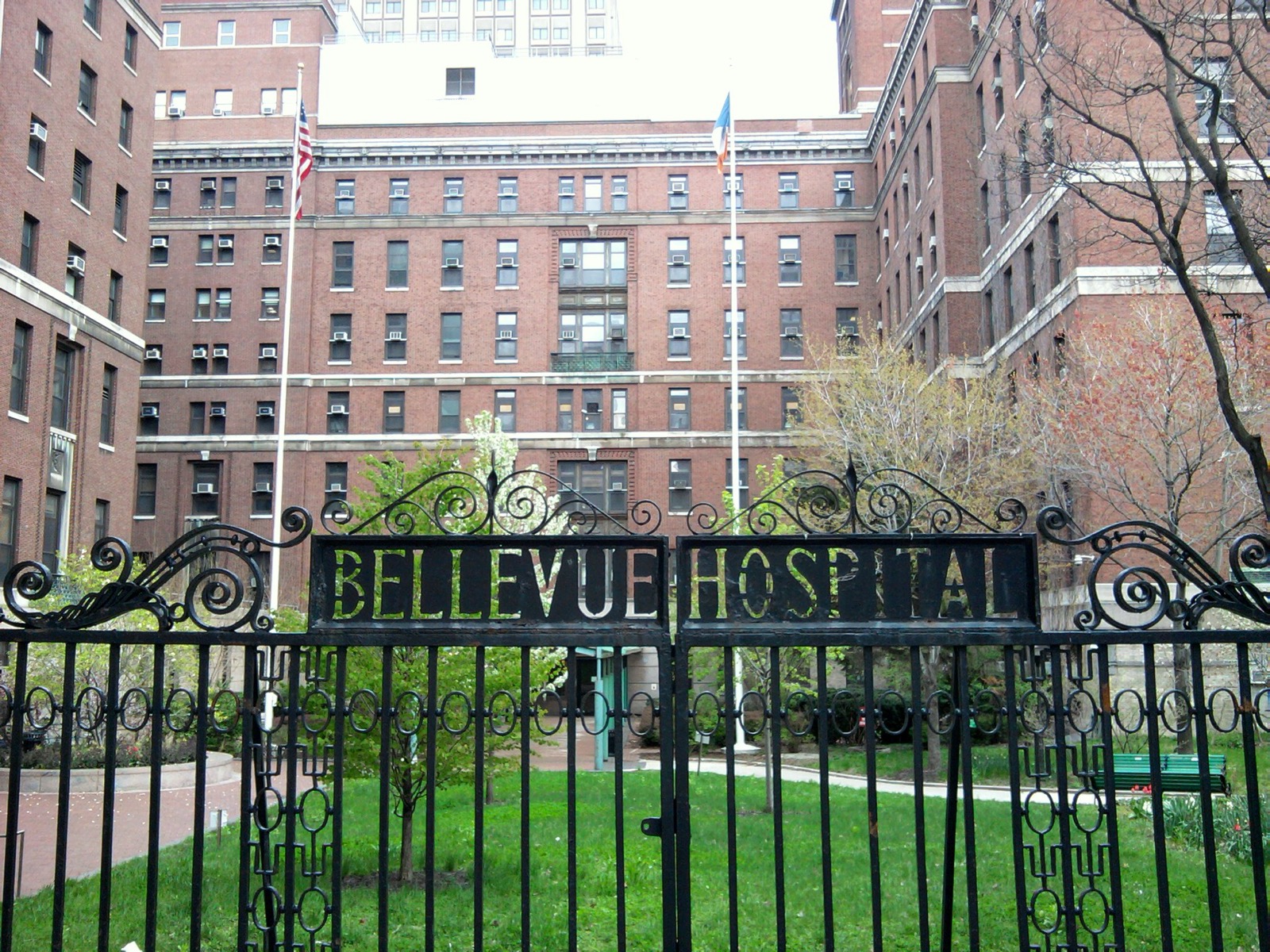 The front gate of Bellevue Hospital on First Avenue in Kips Bay, Manhattan, the oldest public hospital in the United States, founded in 1736
