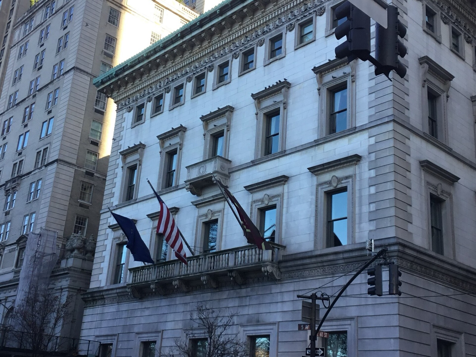 The Beaux-Arts facade of the Metropolitan Club at 1 East 60th Street in Lenox Hill, designed by Stanford White, founded by J.P. Morgan in 1891