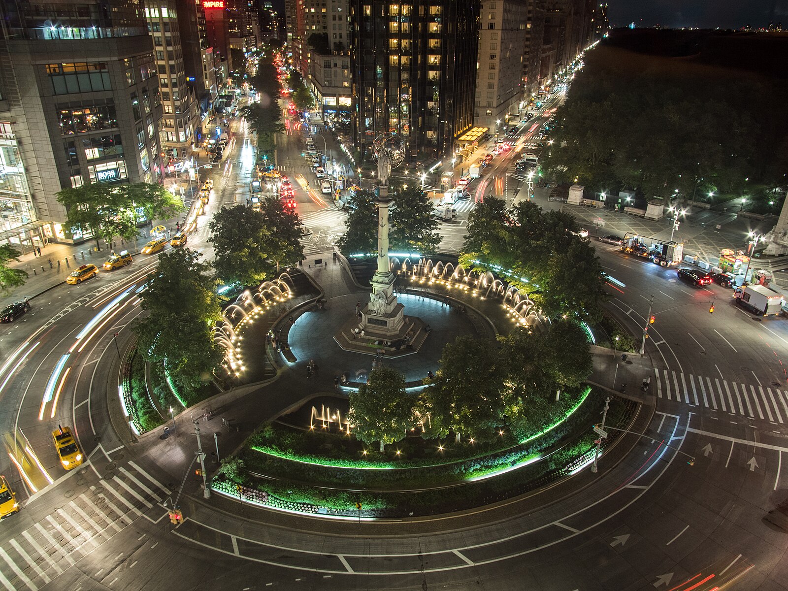 Columbus Circle looking north, the southern gateway to Lincoln Square, with the Deutsche Bank Center towers and the Columbus Monument at center