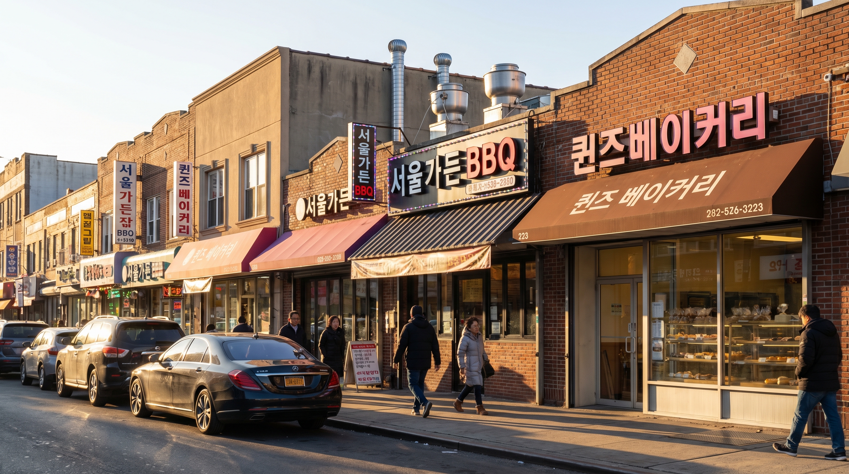 Korean BBQ restaurant and bakery storefronts on a commercial strip in Queens New York with Korean-language signs and afternoon light