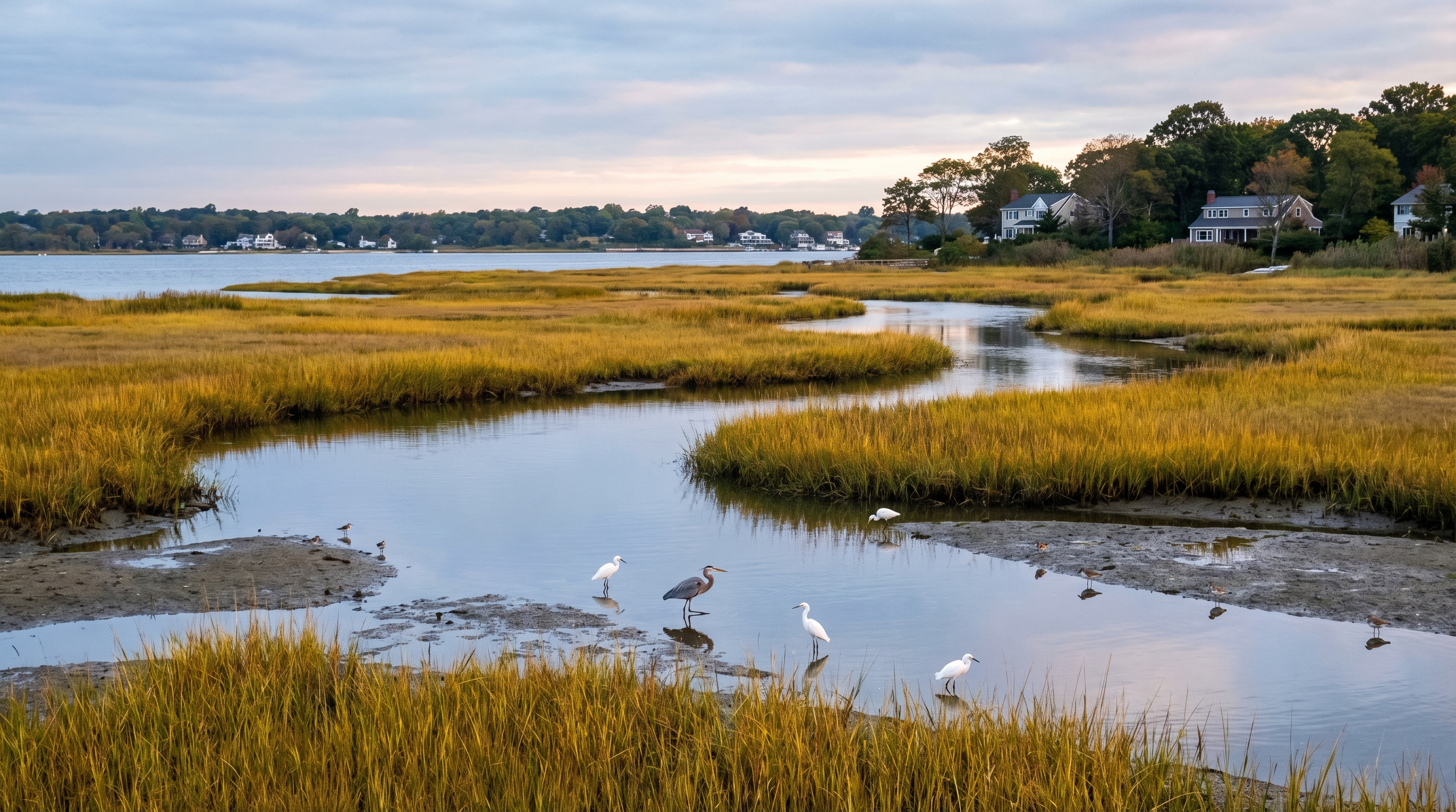 Tidal salt marsh at Udalls Cove Park Preserve in Little Neck Queens showing golden marsh grasses tidal channels and herons wading at dusk