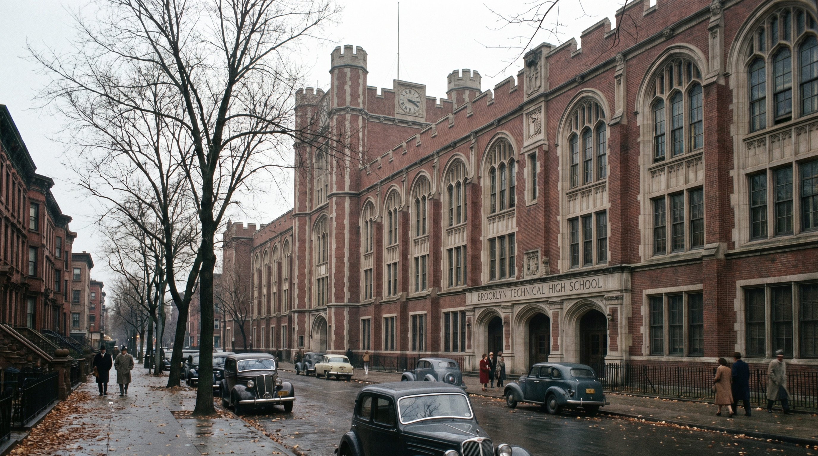 The exterior of a large red-brick 1920s institutional building in Brooklyn with collegiate Gothic architecture, arched windows, and ornate masonry details along a tree-lined street