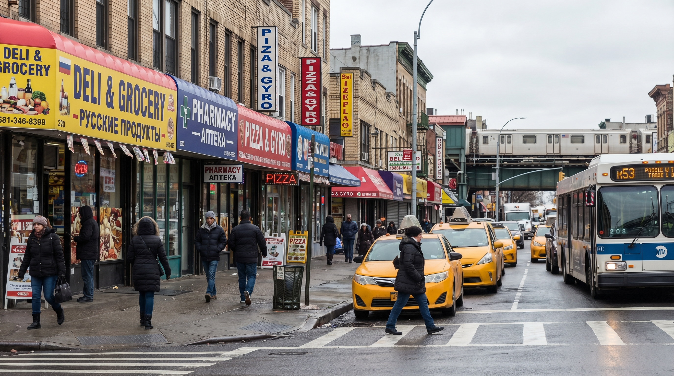 A busy commercial street in Brooklyn with Russian-language delis and storefronts, an elevated subway station in the background, pedestrians on the sidewalk, city buses, and yellow taxis at an intersection