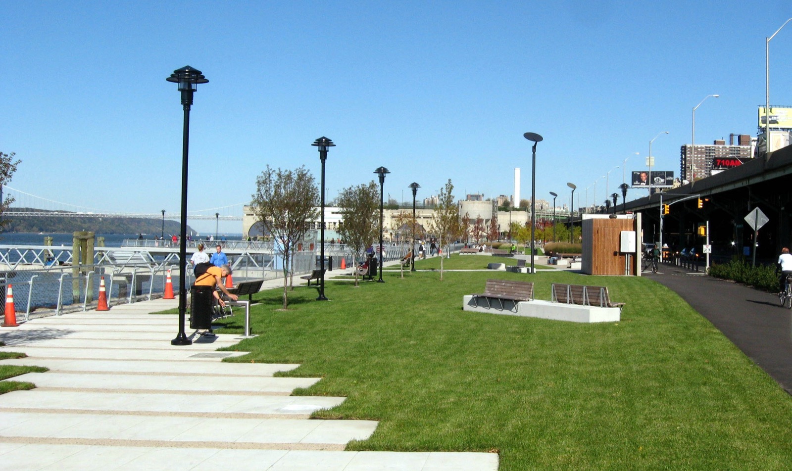 The West Harlem Piers at 125th Street on the Hudson River, offering waterfront access, NYC Ferry service, and views of the Palisades across the river