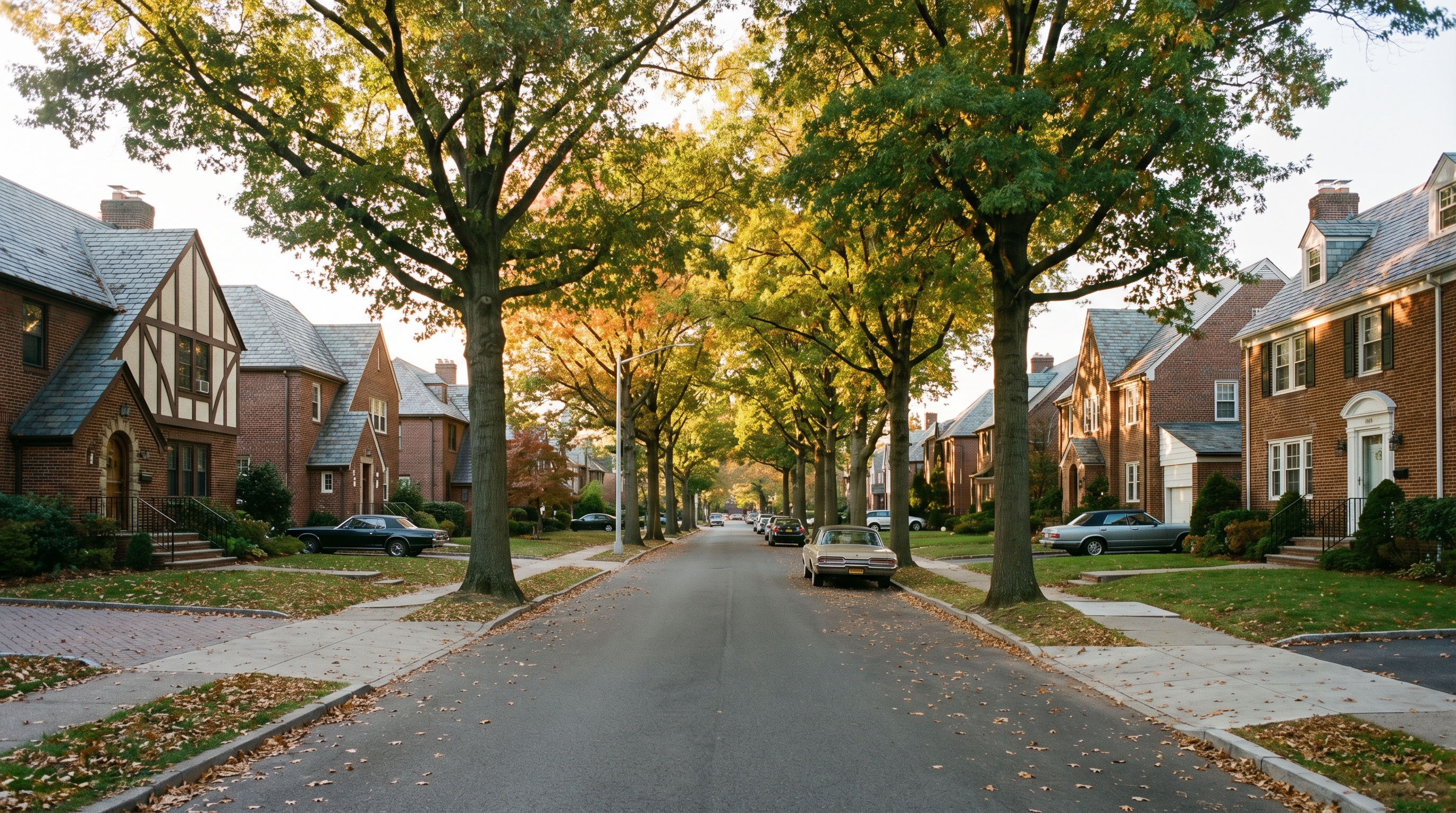 Tudor and Colonial Revival single-family homes lining a tree-lined block on East 17th Street in Midwood, Brooklyn, with bay windows, gambrel roofs, and brick facades